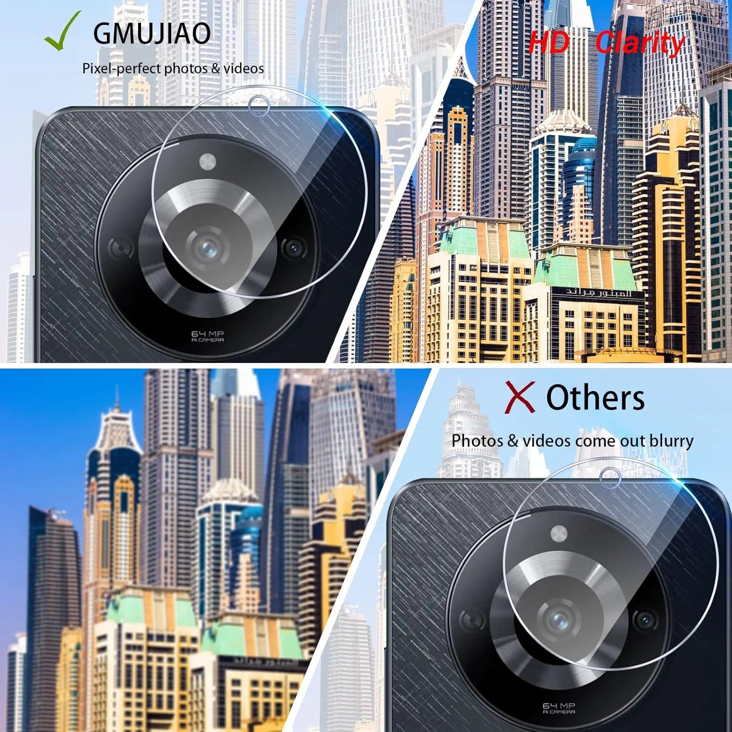 GMUJIAO بسته 2+2 سازگار با Realme 11 شامل محافظ صفحه نمایش شیشه ای و محافظ لنز دوربین، روکش شیشه ای حرارت دیده [بدون حباب][شفافیت HD] - مشکی