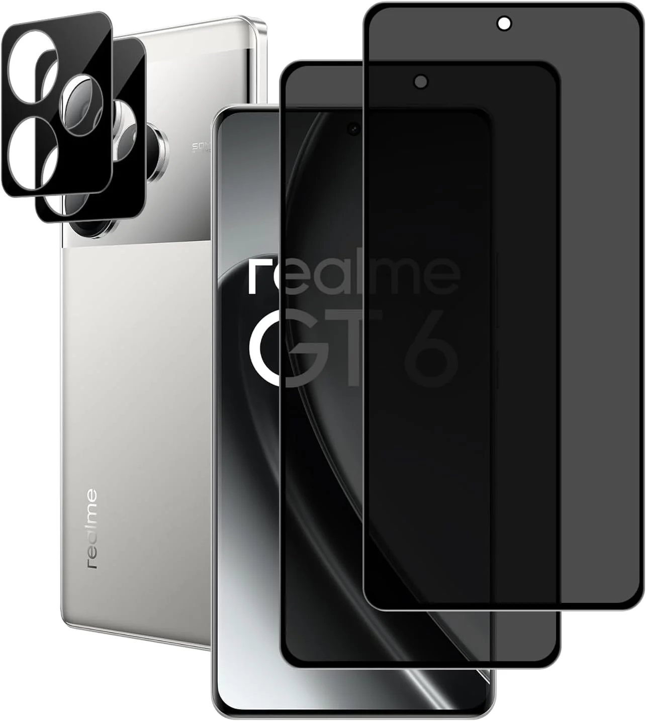 محافظ صفحه نمایش MiRowy برای Realme GT6 5G، شامل 2 عدد محافظ شیشه ای حریم خصوصی و 2 عدد محافظ دوربین، محافظ صفحه نمایش ضد خش 9H برای Realme GT6 5G