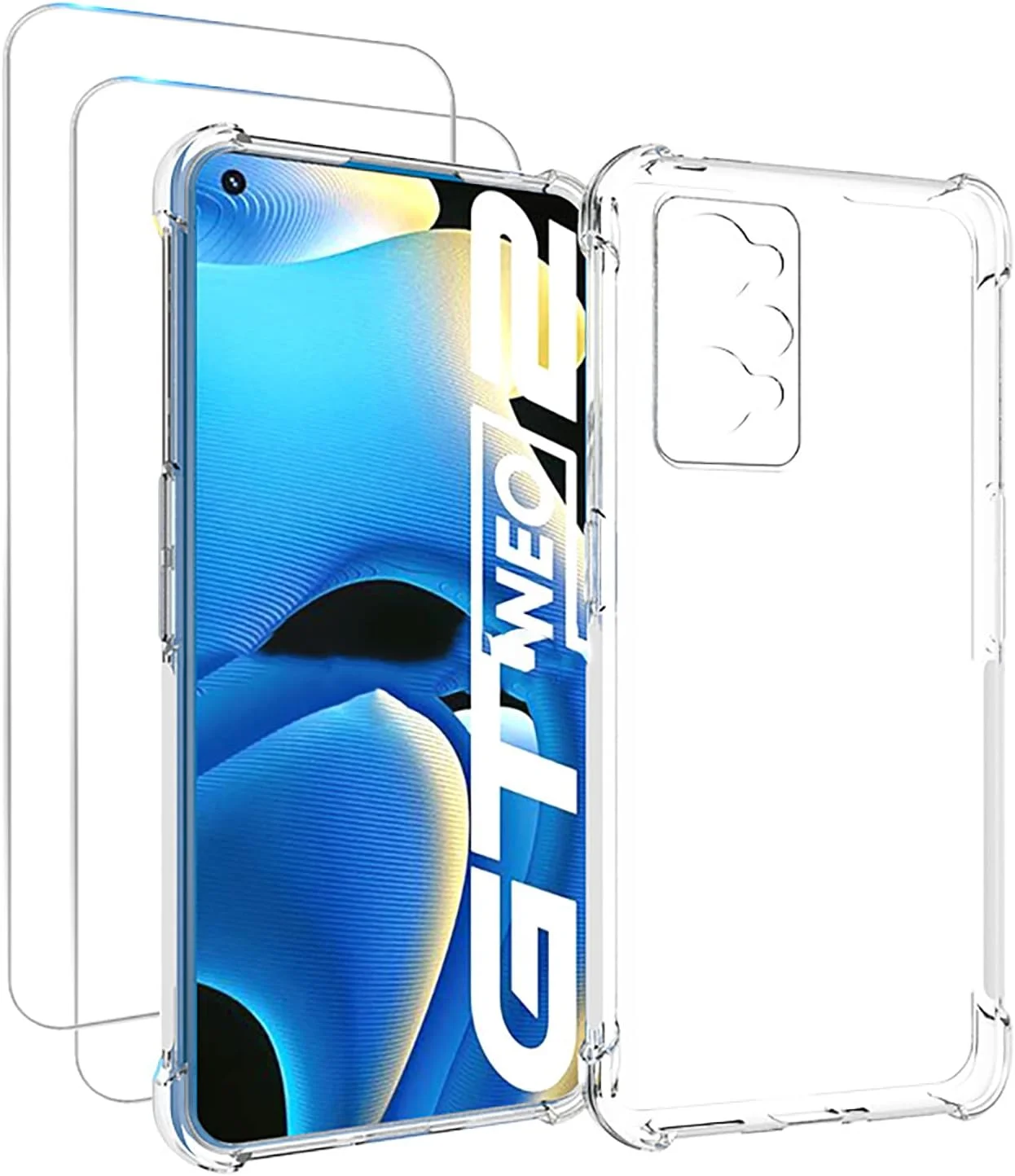 کاور GMUJIAO برای Realme GT Neo2، به همراه 2 عدد محافظ صفحه نمایش شیشه ای حرارت دیده [2 در 1]، کاور گوشی TPU نرم و شفاف ضد ضربه