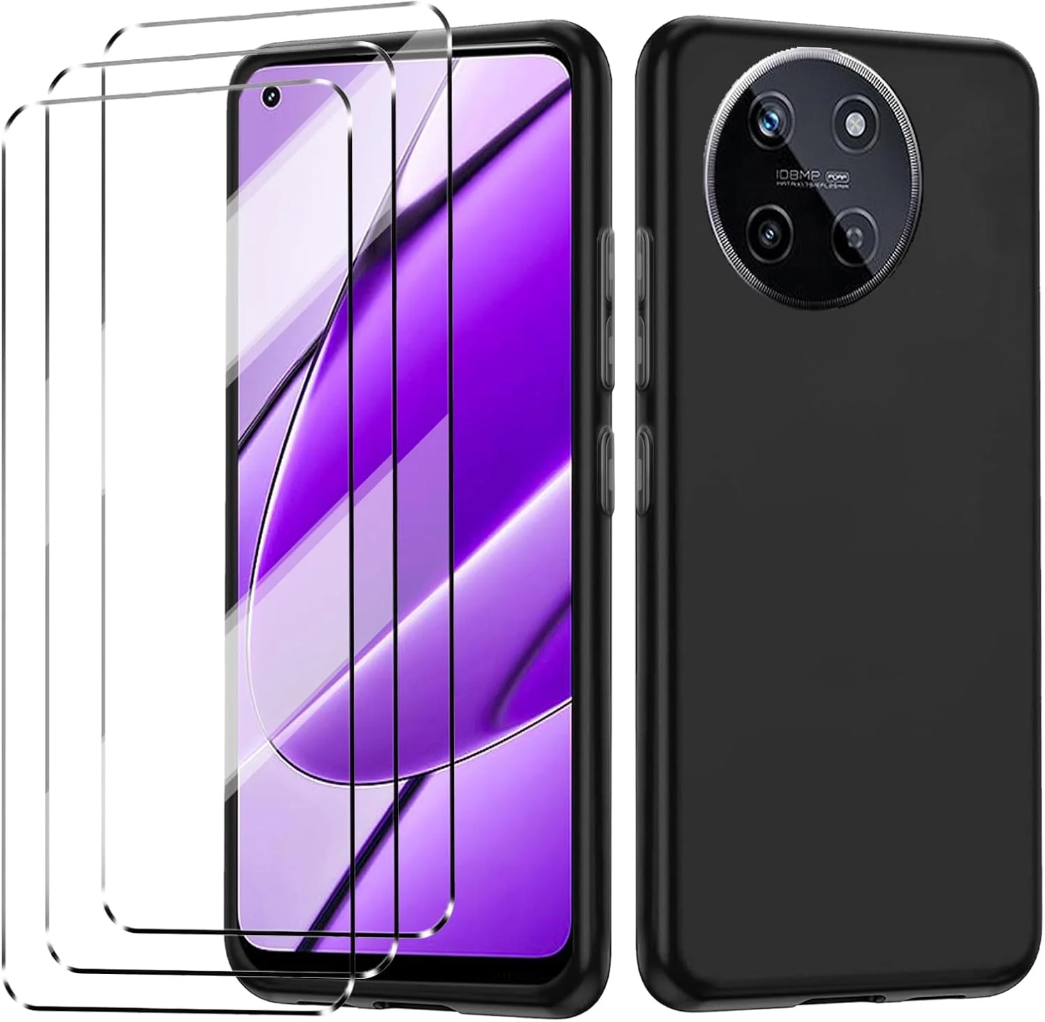 قاب HuiYouMY و محافظ صفحه نمایش شیشه ای حرارت دیده 3 عددی، لایه محافظ سازگار با Realme 11 4G، قاب ضد ضربه سازگار با قاب سیلیکونی موبایل Realme 11 4G - مشکی قاب HuiYouMY و محافظ صفحه نمایش شیشه ای حرارت دیده 3 عددی، لایه محافظ سازگار با Realme 11 4G، قاب ضد ضربه سازگار با قاب سیلیکونی موبایل Realme 11 4G - مشکی