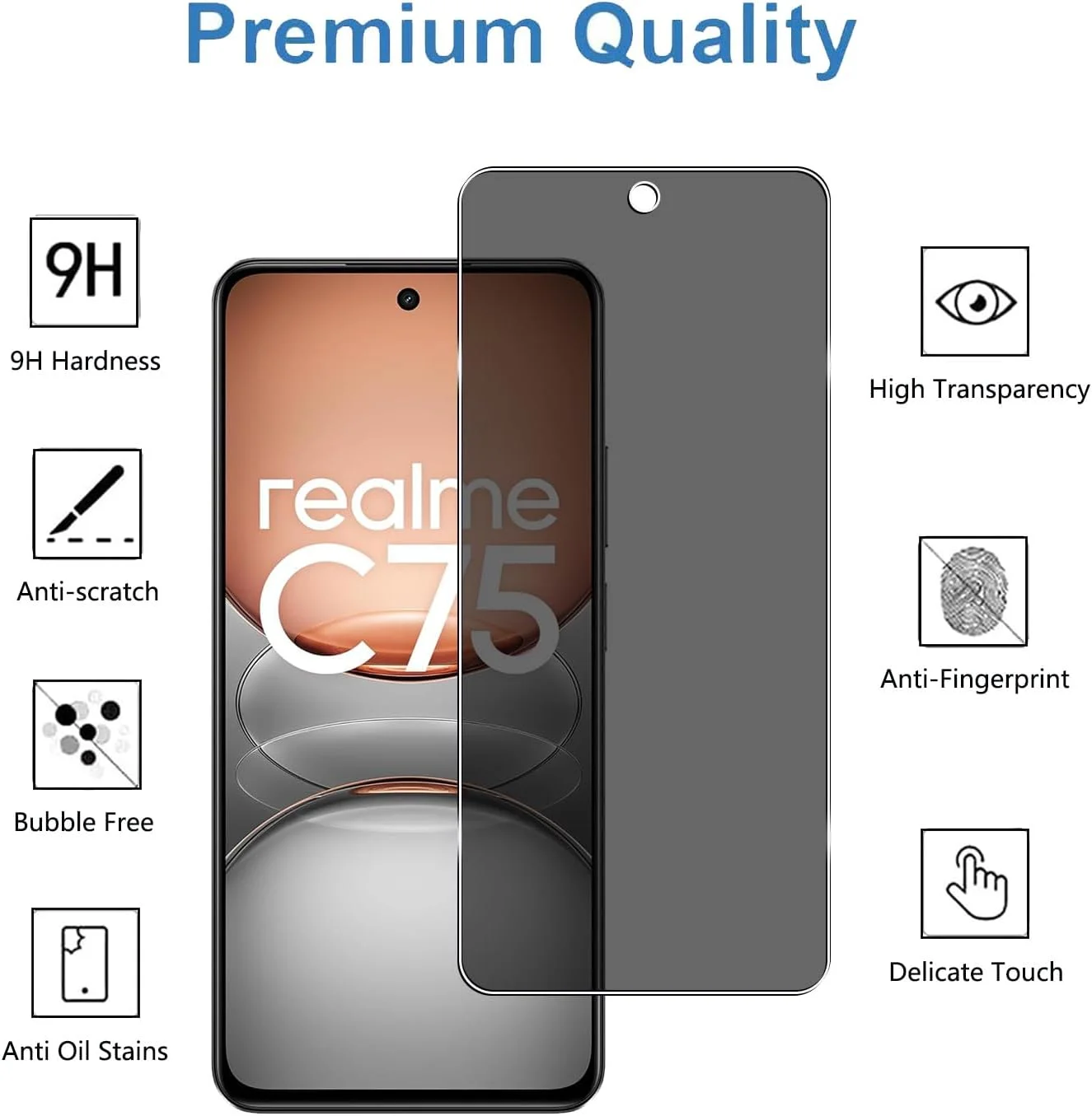 محافظ صفحه نمایش حریم خصوصی YIFNTANG (2 عدد) شیشه حرارت دیده ضد جاسوسی برای Realme C75 4G/Realme 14X 5G، سختی 9H، ضد خش، بدون حباب، سازگار با Realme 14X 5G/Realme C75 4G
