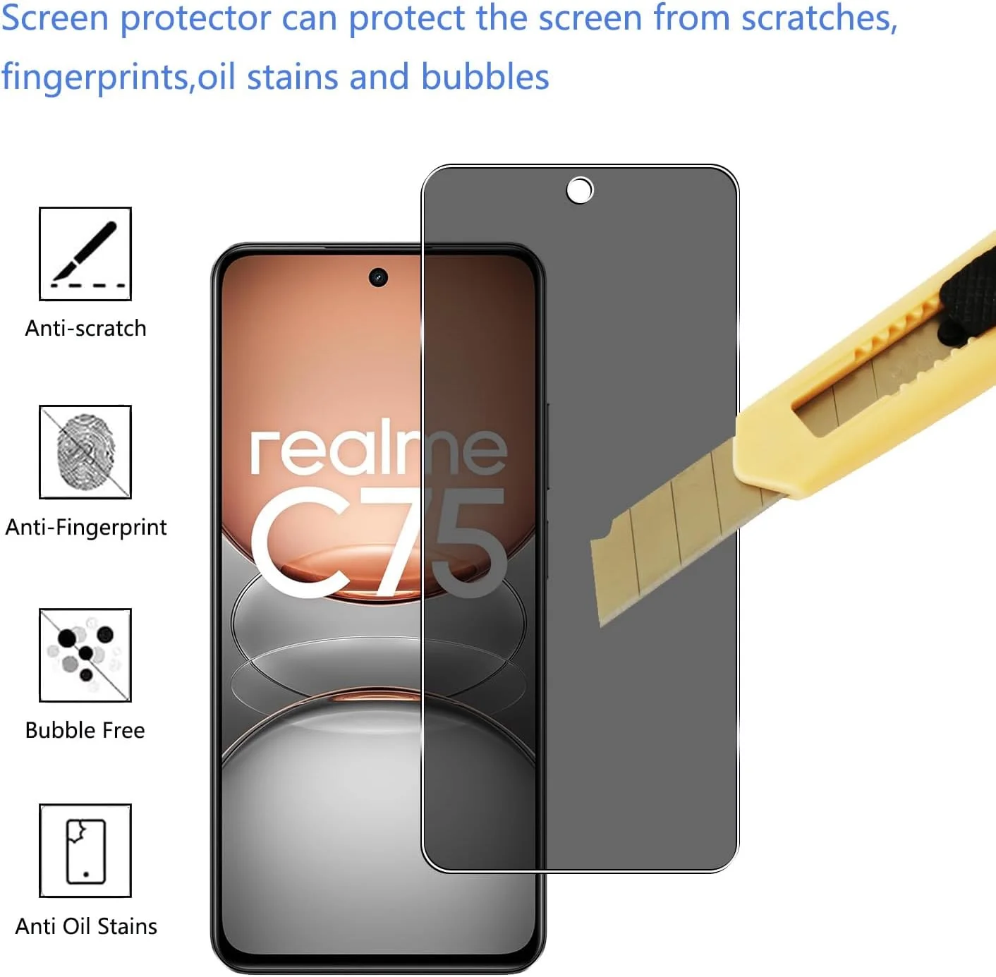 محافظ صفحه نمایش حریم خصوصی YIFNTANG (2 عدد) شیشه حرارت دیده ضد جاسوسی برای Realme C75 4G/Realme 14X 5G، سختی 9H، ضد خش، بدون حباب، سازگار با Realme 14X 5G/Realme C75 4G