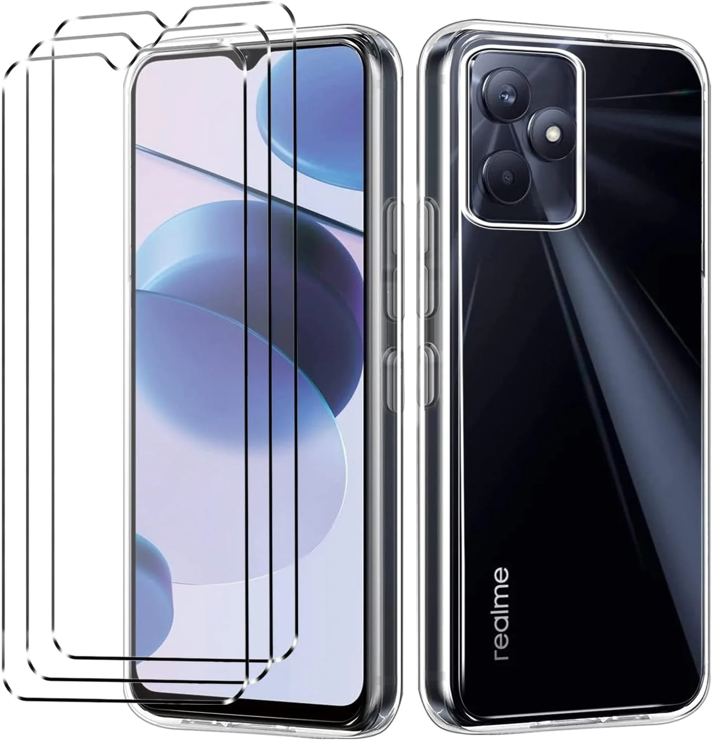 کاور HuiYouMY و 3 عدد محافظ شیشه ای سازگار با Realme C51، قاب محافظ ضد ضربه به همراه محافظ صفحه نمایش شیشه ای حرارت دیده سازگار با Realme C51، شفاف