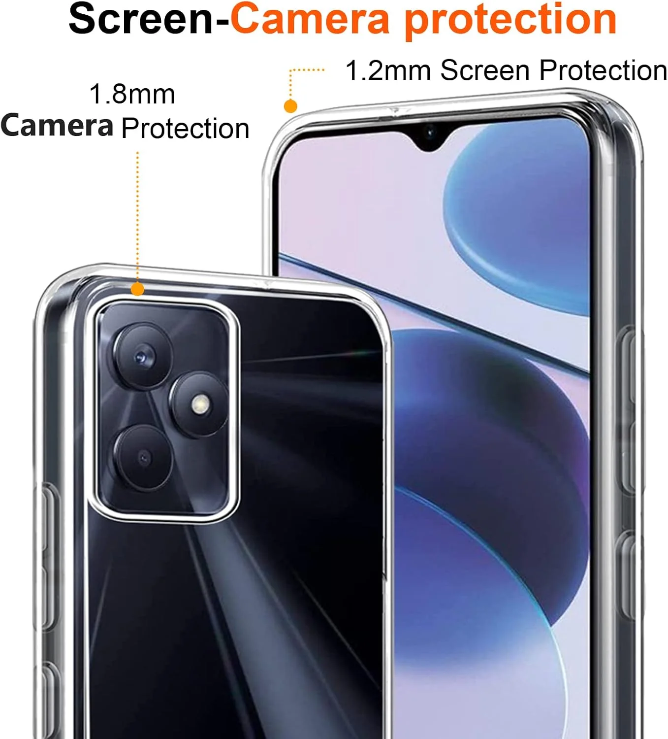 کاور HuiYouMY و 3 عدد محافظ شیشه ای سازگار با Realme C51، قاب محافظ ضد ضربه به همراه محافظ صفحه نمایش شیشه ای حرارت دیده سازگار با Realme C51، شفاف