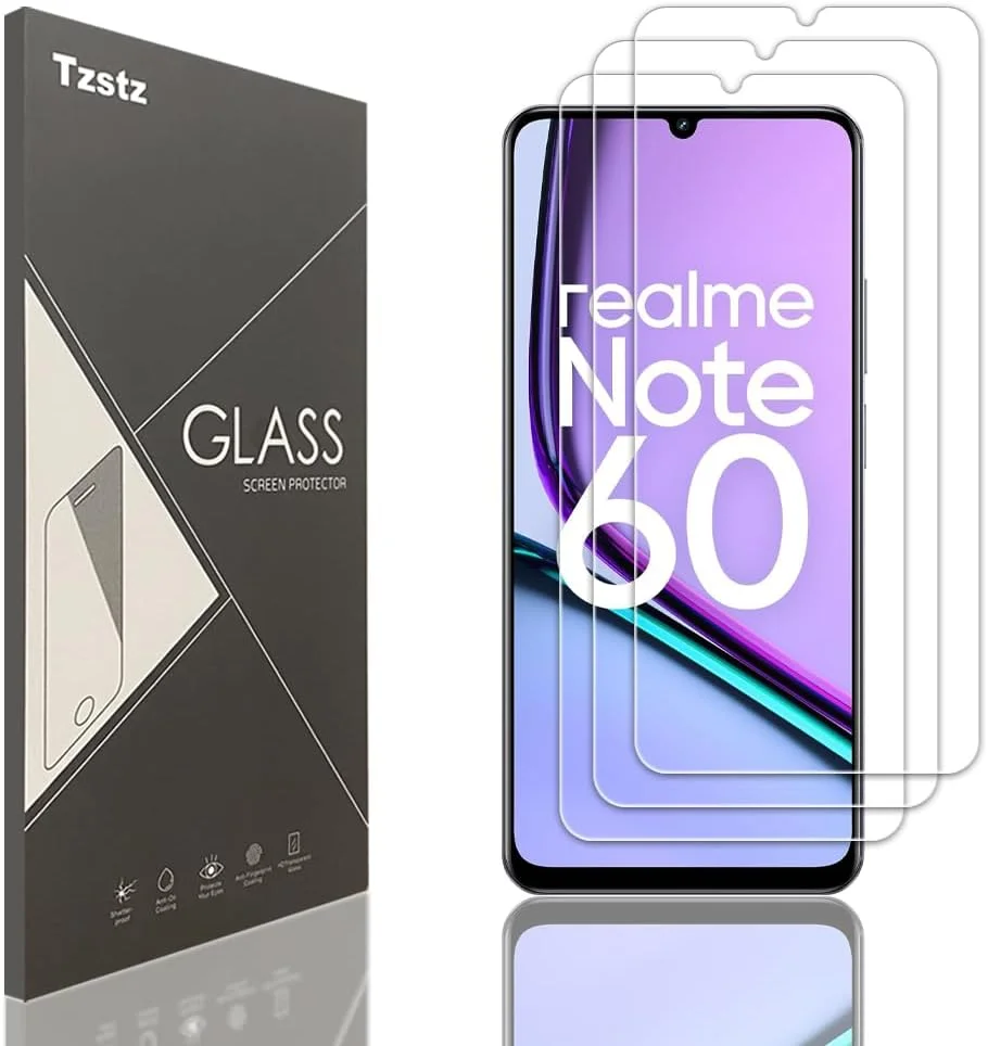محافظ صفحه نمایش شیشه ای تمپرد Tzstz، بسته 3 عددی، مناسب برای realme Note 60، سختی 9H، ضد خش، فیلم محافظ صفحه نمایش HD