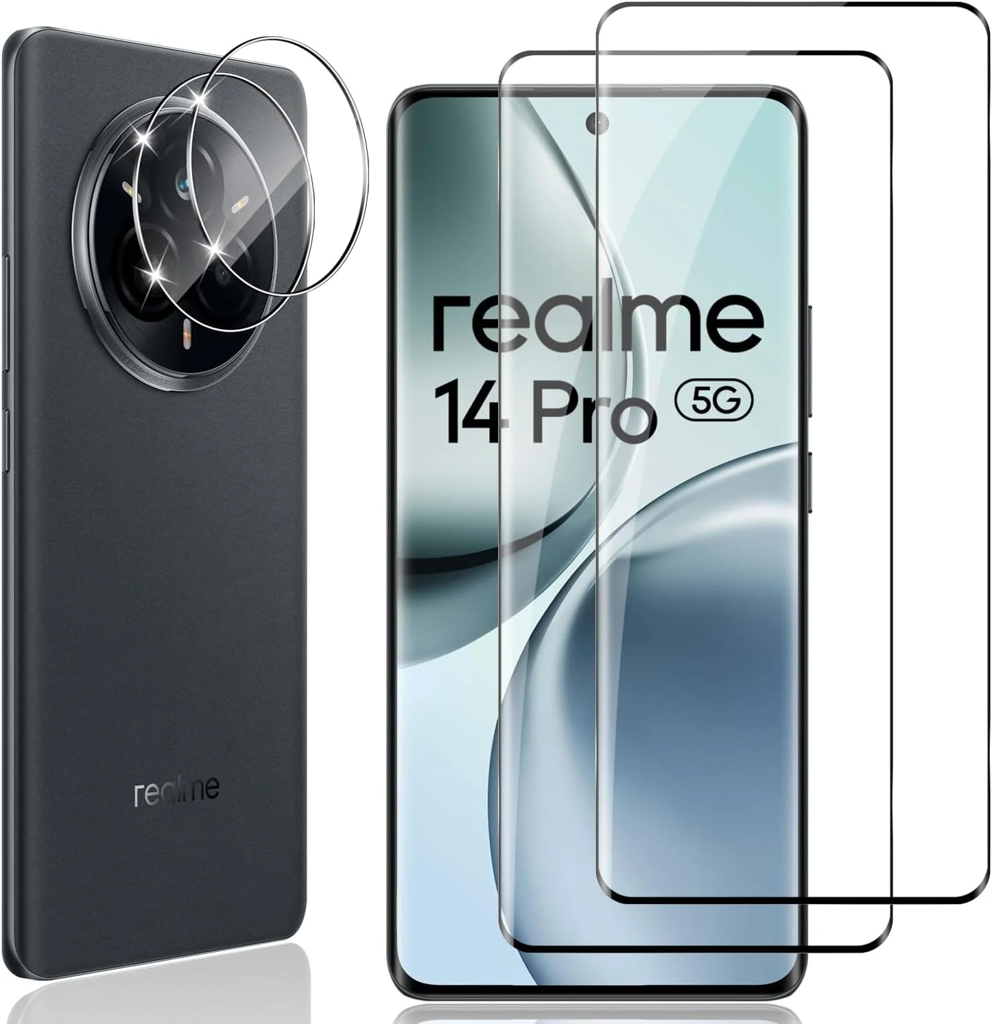 محافظ صفحه نمایش شیشه ای Locofun برای Realme 14 Pro 5G، 2 عدد فیلم محافظ صفحه نمایش با 2 عدد محافظ دوربین عقب، فیلم لنز شیشه ای سخت 9H Ultra HD