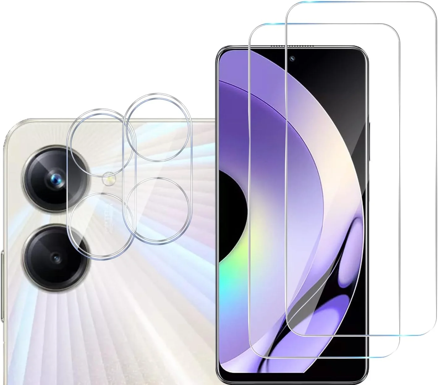 GMUJIAO [بسته 2+2 عددی] سازگار با Realme 10 4G، محافظ صفحه نمایش شیشه ای حرارت دیده و محافظ لنز دوربین، فیلم شیشه ای حرارت دیده تمام صفحه HD [ضد شکستگی]