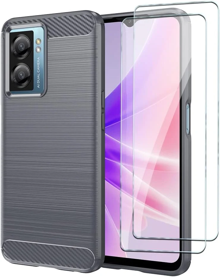 کیف محافظ گوشی QINOUK برای Realme V23، طراحی بافت برس خورده [ضد ضربه] [ضد اثر انگشت]، کیف ساخته شده از مواد TPU انعطاف پذیر به همراه محافظ صفحه نمایش شیشه ای حرارت دیده [2 عددی] سازگار با Realme V23 - خاکستری