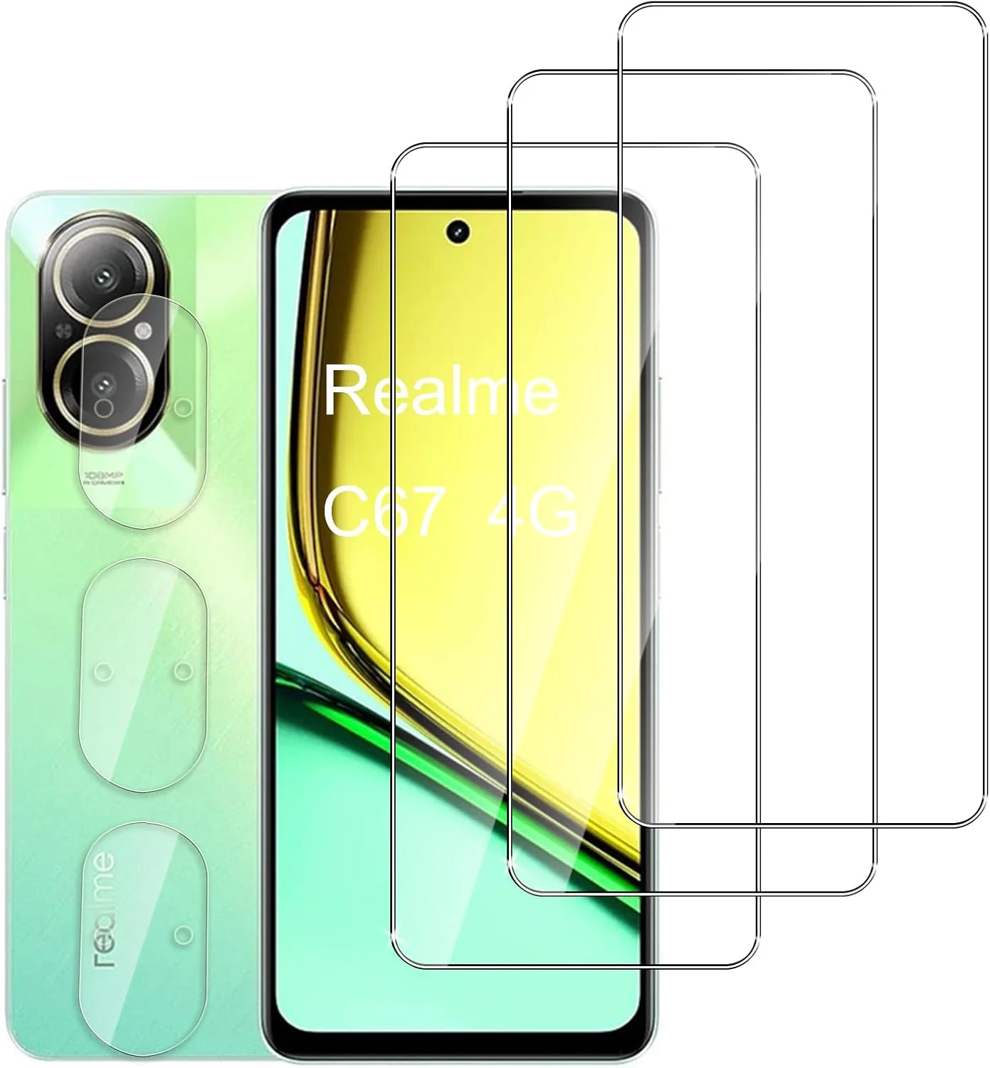 محافظ صفحه نمایش شیشه ای حرارت دیده جینشی ویکای مناسب برای Realme C67، 6 تکه (3 عدد محافظ صفحه نمایش و 3 عدد محافظ لنز دوربین)، سختی 9H، ضد خش، ضد اثر انگشت، شفافیت HD