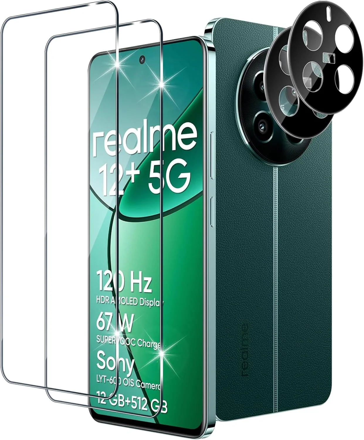 محافظ صفحه نمایش Xunzii برای Realme 12+ 5G / Realme 12 Plus 5G شیشه حرارت دیده با محافظ دوربین [2+2 تکه]، فیلم فوق العاده شفاف 0.33 میلی متر، محافظ صفحه نمایش با سختی 9H، محافظ ضد خش