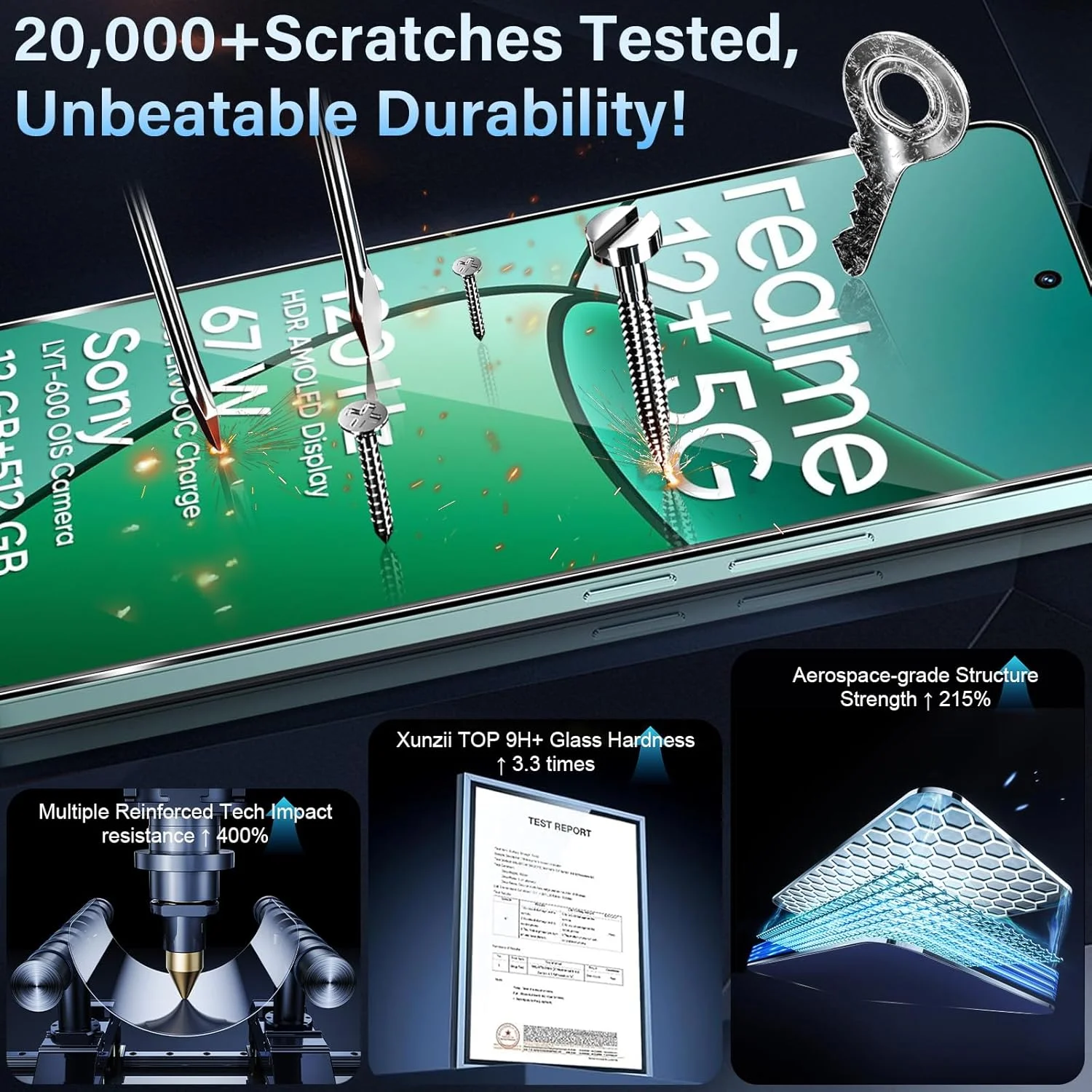 محافظ صفحه نمایش Xunzii برای Realme 12+ 5G / Realme 12 Plus 5G شیشه حرارت دیده با محافظ دوربین [2+2 تکه]، فیلم فوق العاده شفاف 0.33 میلی متر، محافظ صفحه نمایش با سختی 9H، محافظ ضد خش