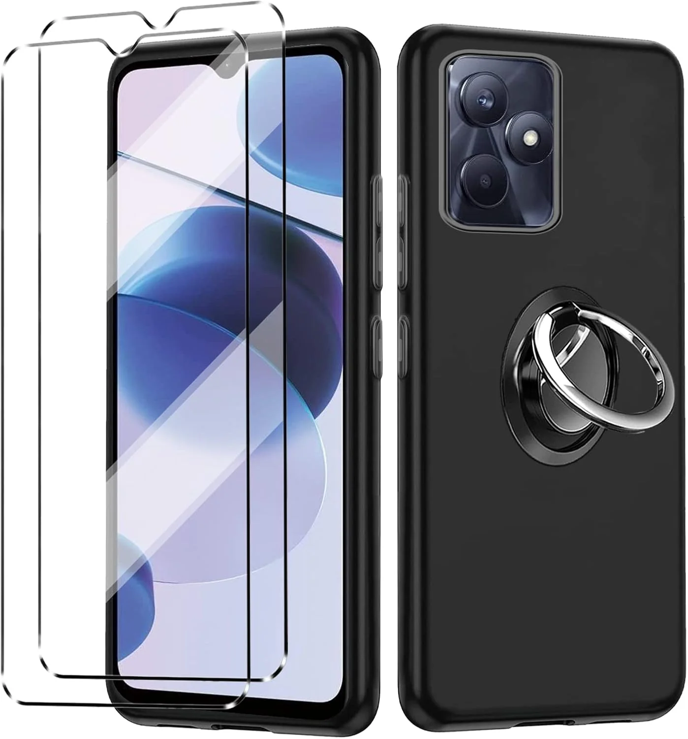 کاور HuiYouMY و 3 عدد شیشه محافظ صفحه نمایش سازگار با Realme C51، کاور ضد ضربه به همراه محافظ صفحه نمایش شیشه ای حرارت دیده سازگار با Realme C51، مشکی