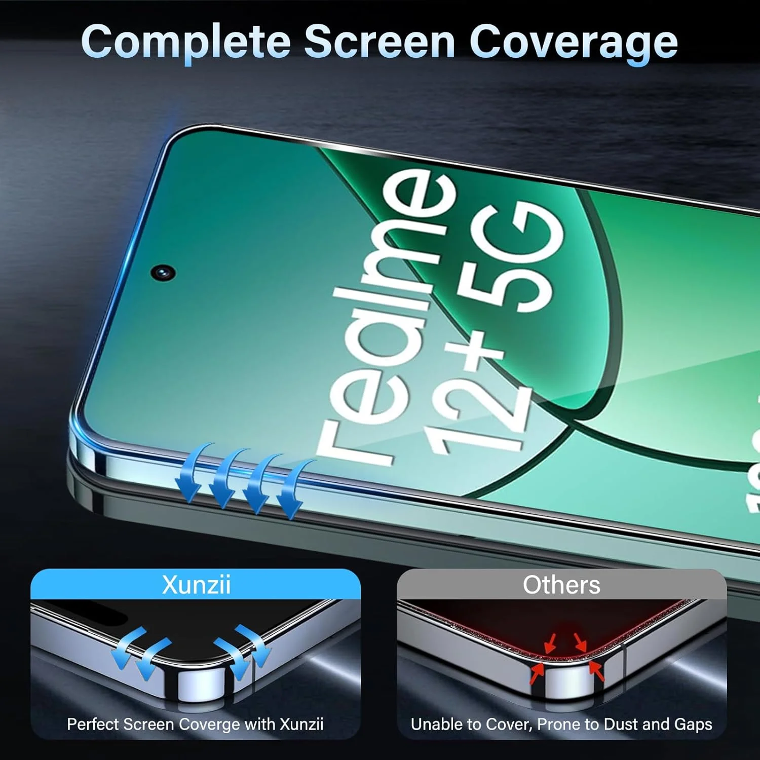 محافظ صفحه نمایش Xunzii برای Realme 12+ 5G / Realme 12 Plus 5G شیشه حرارت دیده با محافظ دوربین [2+2 تکه]، فیلم فوق العاده شفاف 0.33 میلی متر، محافظ صفحه نمایش با سختی 9H، محافظ ضد خش