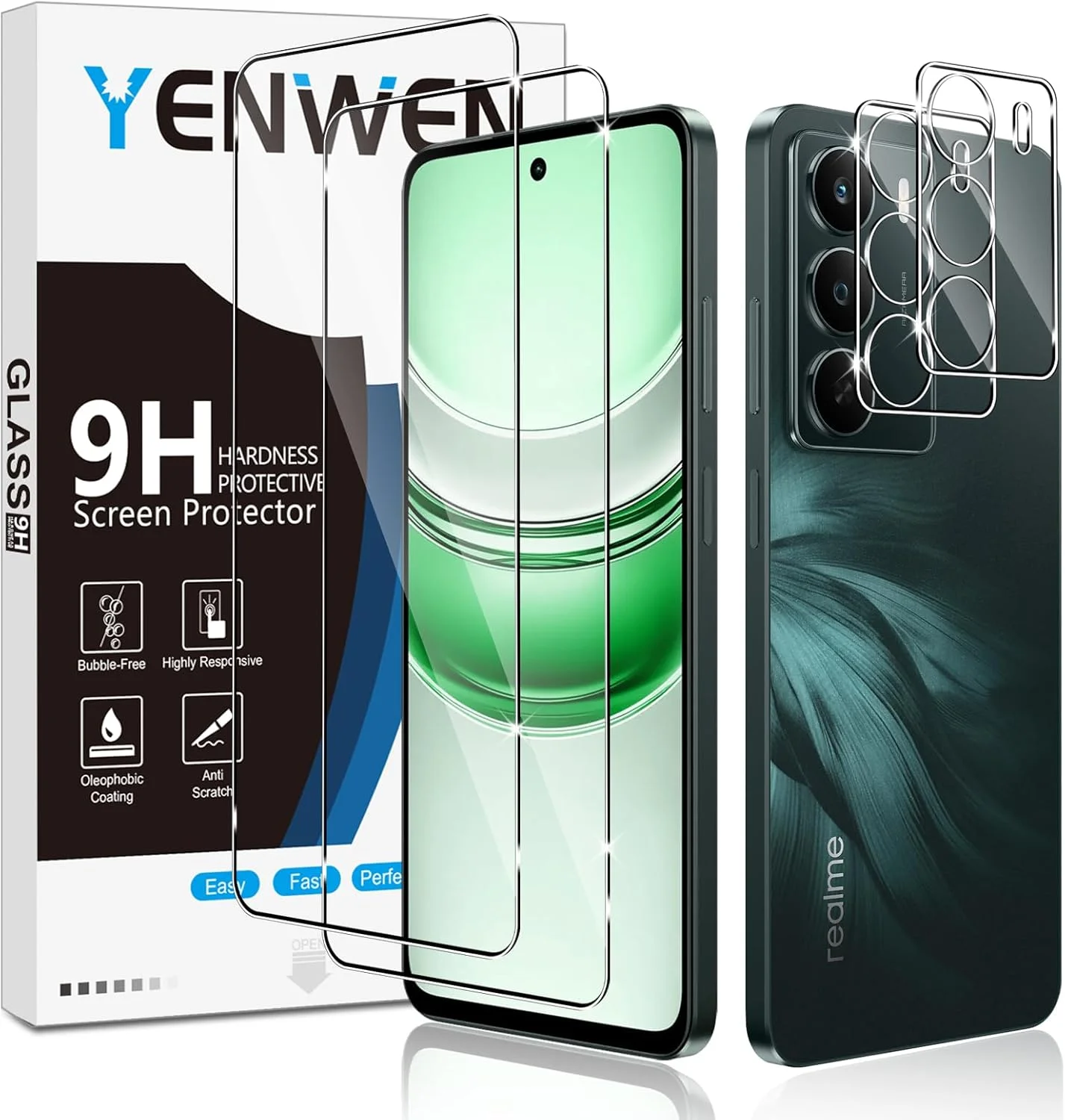 محافظ صفحه نمایش شیشه ای حرارت دیده Yenwen برای Realme C75 5G، 2 عدد محافظ صفحه نمایش شیشه ای حرارت دیده + 2 عدد محافظ لنز دوربین، مقاوم در برابر خراش، سختی 9H، بدون حباب