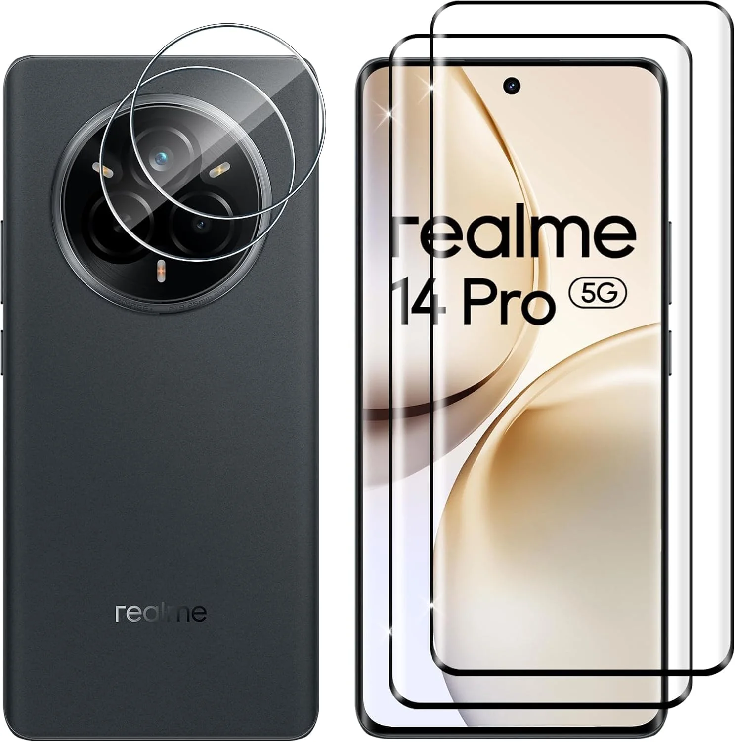 محافظ صفحه نمایش شیشه ای حرارت دیده Lutree برای Realme 14 Pro، 2+2 تکه محافظ صفحه نمایش سه بعدی + محافظ لنز دوربین، شیشه محافظ سخت با وضوح HD و سختی 9H، محافظ صفحه نمایش ضد خش و بدون حباب