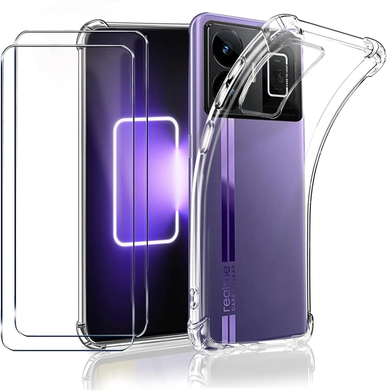 قاب گوشی LYJERRY برای Realme GT3 5G + 2 عدد محافظ صفحه شیشه ای حرارت دیده برای Realme GT3 5G، محافظ سبک وزن، کاور نرم TPU سیلیکونی لاستیکی، محافظ شیشه ای 9H