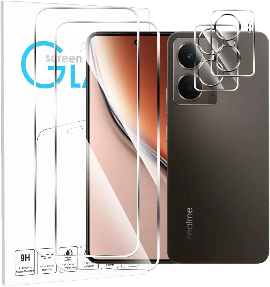 XINYEXIN برای Realme P3 5G [بسته 2 عددی] محافظ صفحه نمایش شیشه ای حرارت دیده + محافظ دوربین، مجموعه محافظ صفحه نمایش با سختی 9H، ضد اثر انگشت، محافظ صفحه نمایش HD و شیشه محافظ دوربین