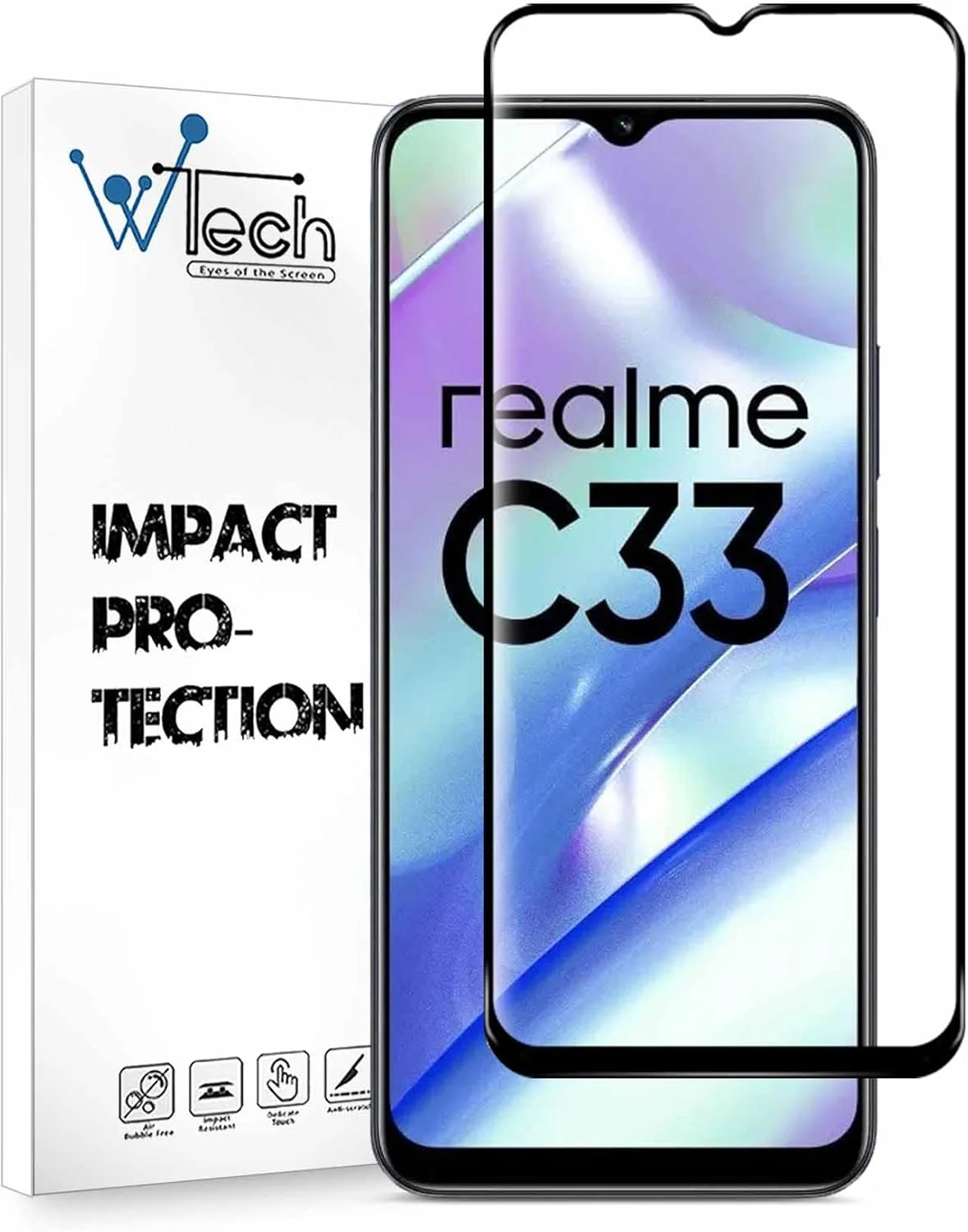 محافظ صفحه نمایش شیشه ای حرارت دیده فول چسب Wtech Premium E2E با پوشش کامل برای Realme C33/C35 4G 2022، شفاف