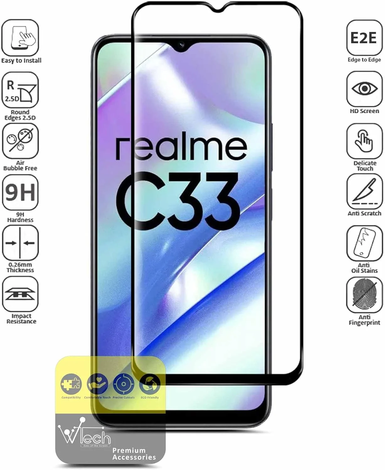 محافظ صفحه نمایش شیشه ای حرارت دیده فول چسب Wtech Premium E2E با پوشش کامل برای Realme C33/C35 4G 2022، شفاف