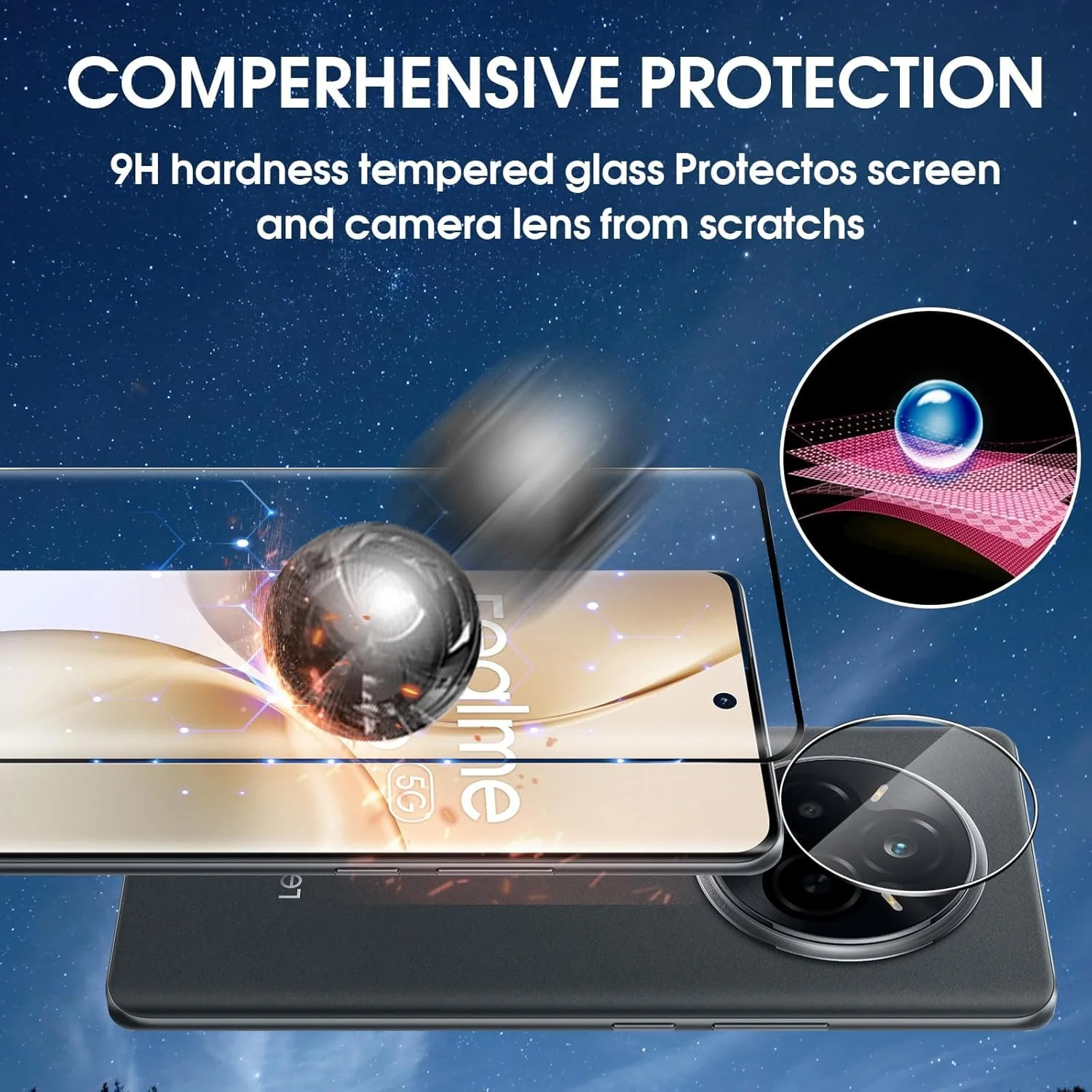 محافظ صفحه نمایش شیشه ای حرارت دیده Lutree برای Realme 14 Pro، 2+2 تکه محافظ صفحه نمایش سه بعدی + محافظ لنز دوربین، شیشه محافظ سخت با وضوح HD و سختی 9H، محافظ صفحه نمایش ضد خش و بدون حباب