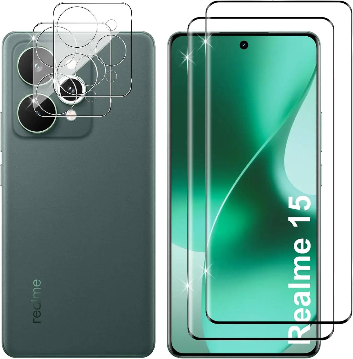 محافظ صفحه نمایش شیشه ای حرارت دیده Lutree برای محافظ صفحه نمایش Realme 15، 2 + 2 تکه شیشه محافظ سه بعدی و فیلم محافظ دوربین، محافظ صفحه نمایش HD با سختی 9H، بدون حباب، ضد خش