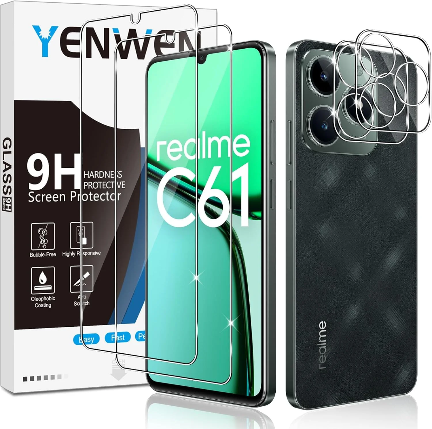 محافظ صفحه نمایش شیشه ای حرارت دیده Yenwen سازگار با Realme C61 / Realme C63، 2 عدد محافظ صفحه و 2 عدد محافظ دوربین عقب، مقاوم در برابر خراش - شیشه با سختی 9H - بدون حباب