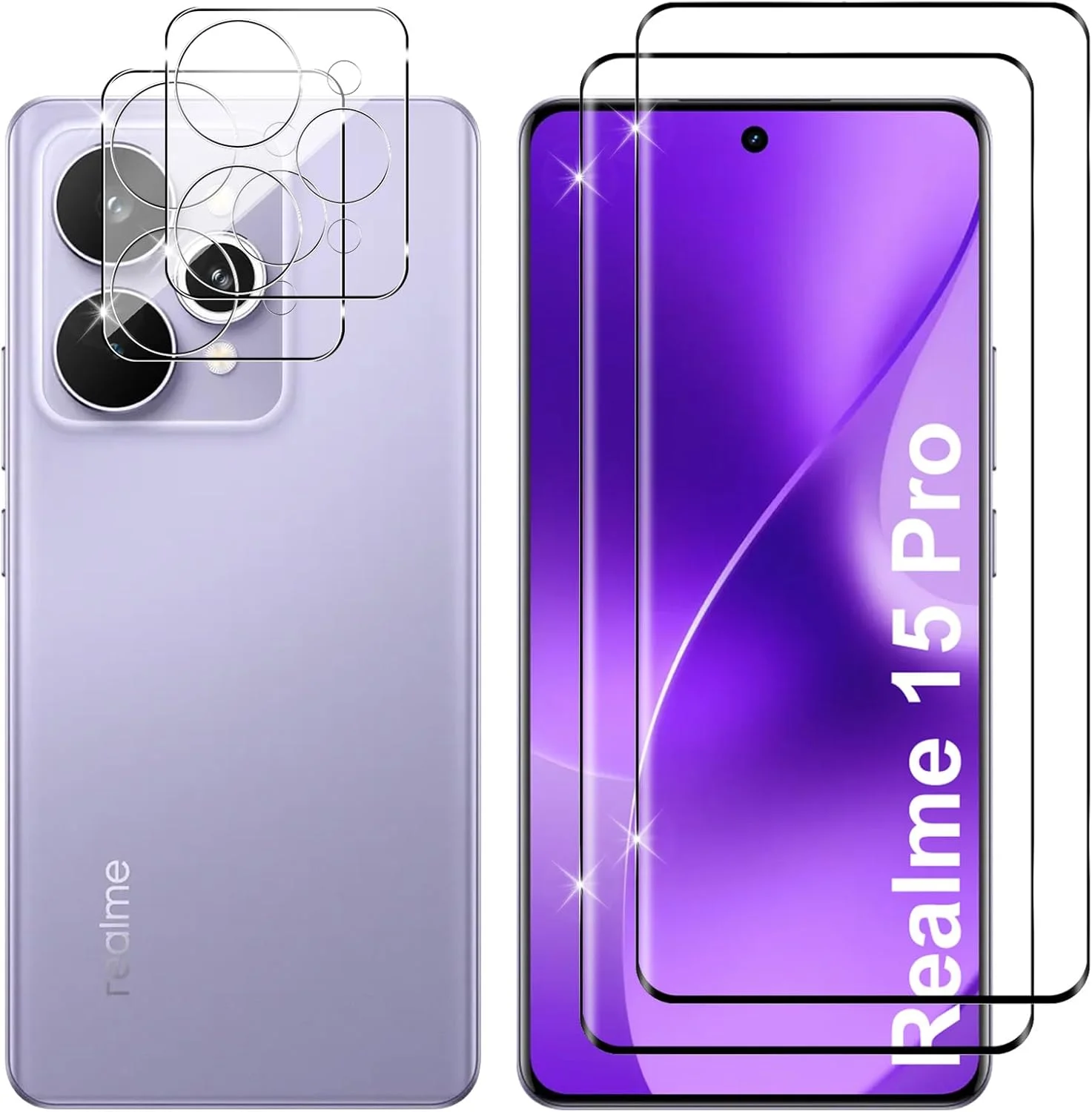 محافظ صفحه نمایش شیشه ای Lutree برای Realme 15 Pro، بسته 2 عددی + 2 شیشه محافظ سه بعدی و فیلم محافظ دوربین، محافظ صفحه نمایش HD با سختی 9H، بدون حباب، محافظ صفحه نمایش ضد خش