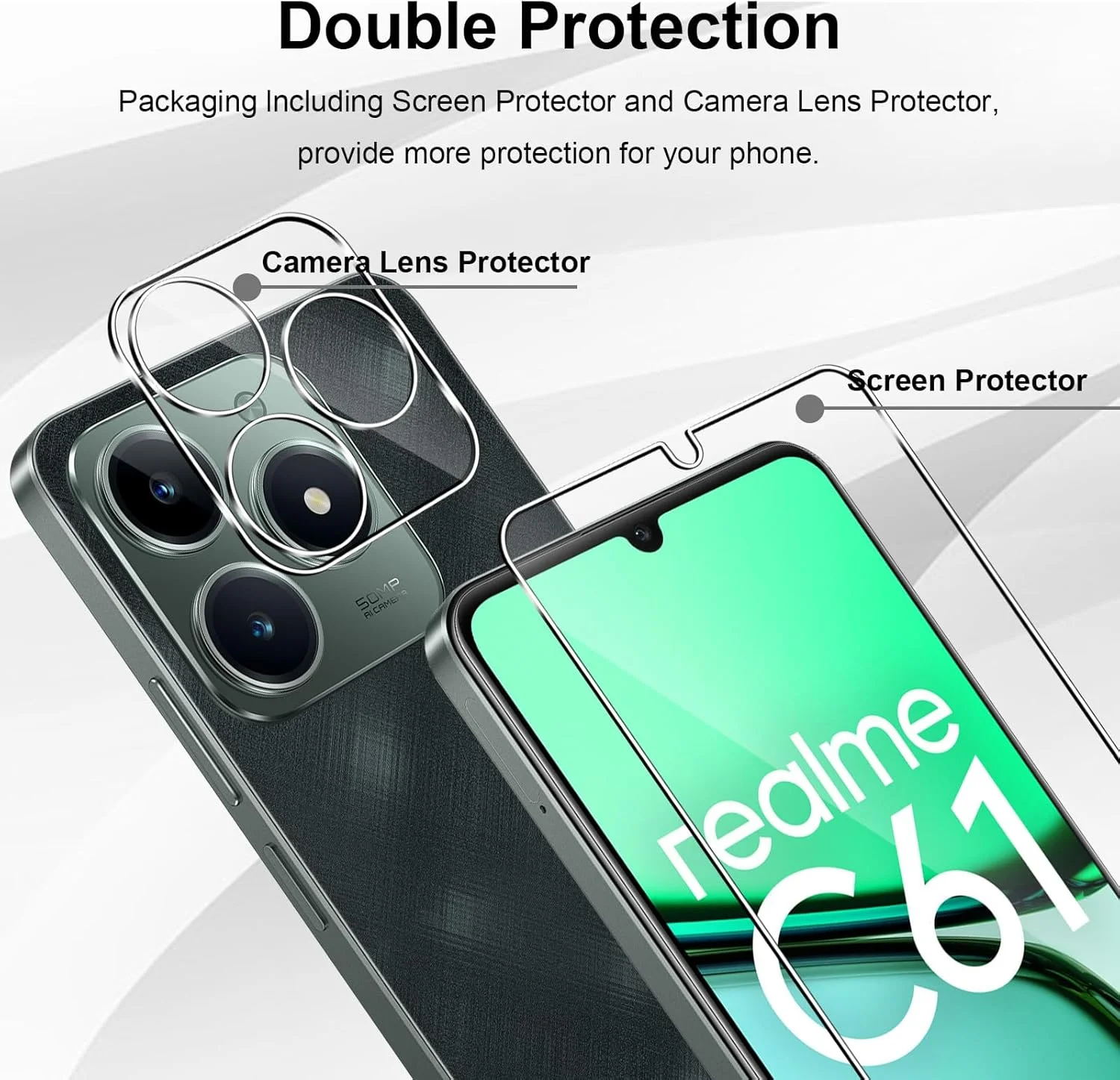 محافظ صفحه نمایش شیشه ای حرارت دیده Yenwen سازگار با Realme C61 / Realme C63، 2 عدد محافظ صفحه و 2 عدد محافظ دوربین عقب، مقاوم در برابر خراش - شیشه با سختی 9H - بدون حباب