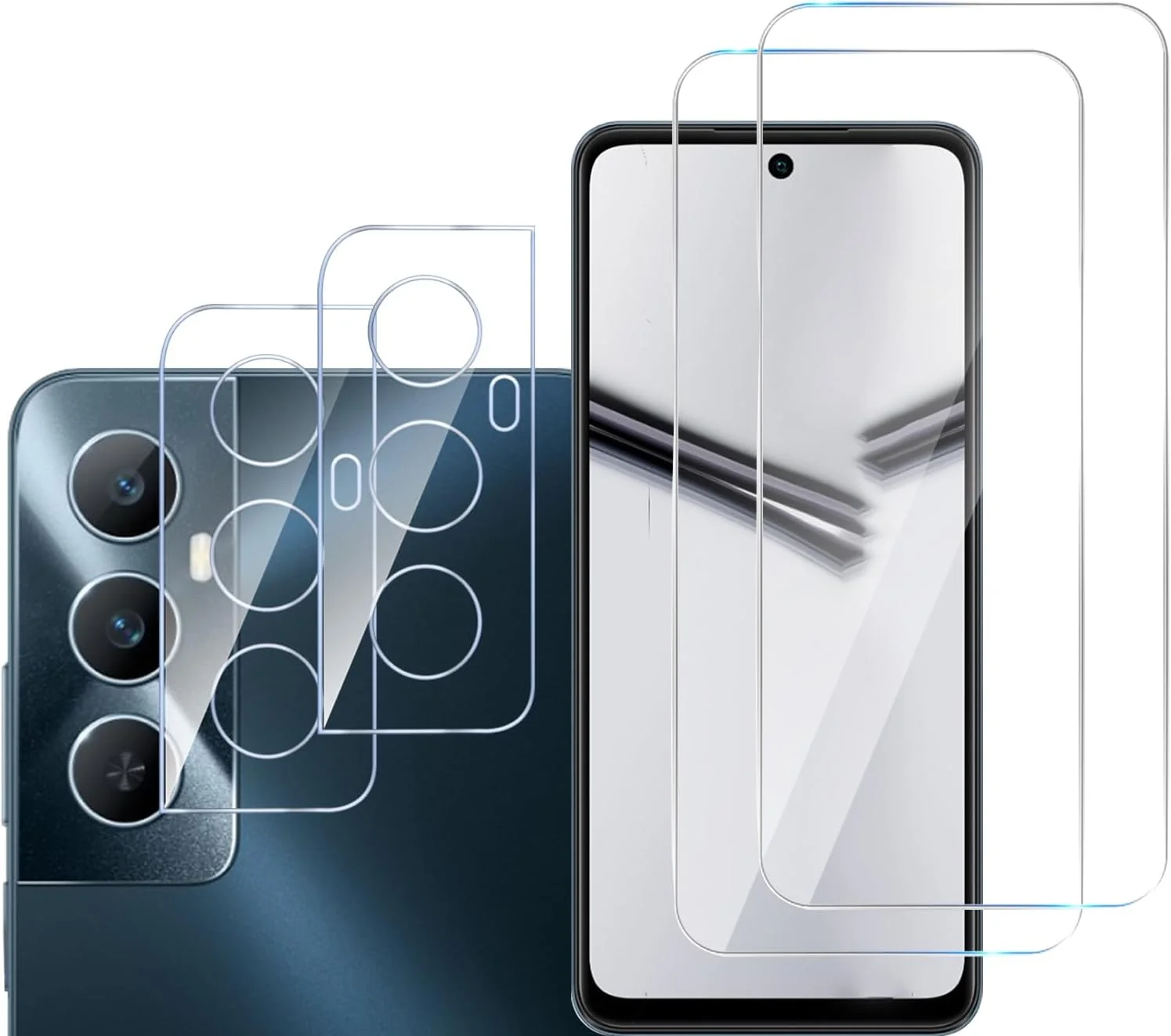 محافظ صفحه نمایش شیشه ای و محافظ لنز دوربین GMUJIAO [بسته 2+2 عددی] سازگار با Realme C65، فیلم شیشه ای حرارت دیده تمام صفحه HD [ضد خرد شدن]