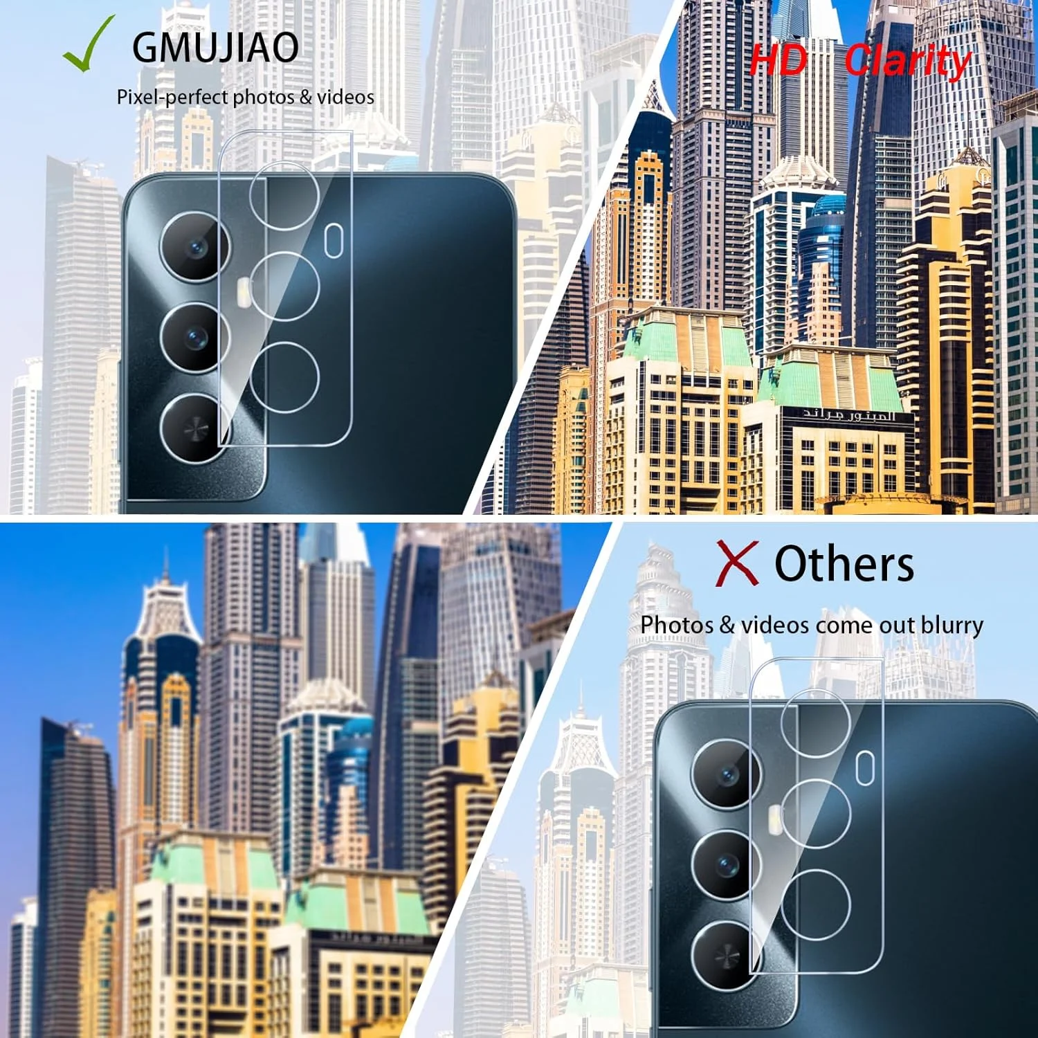 محافظ صفحه نمایش شیشه ای و محافظ لنز دوربین GMUJIAO [بسته 2+2 عددی] سازگار با Realme C65، فیلم شیشه ای حرارت دیده تمام صفحه HD [ضد خرد شدن]