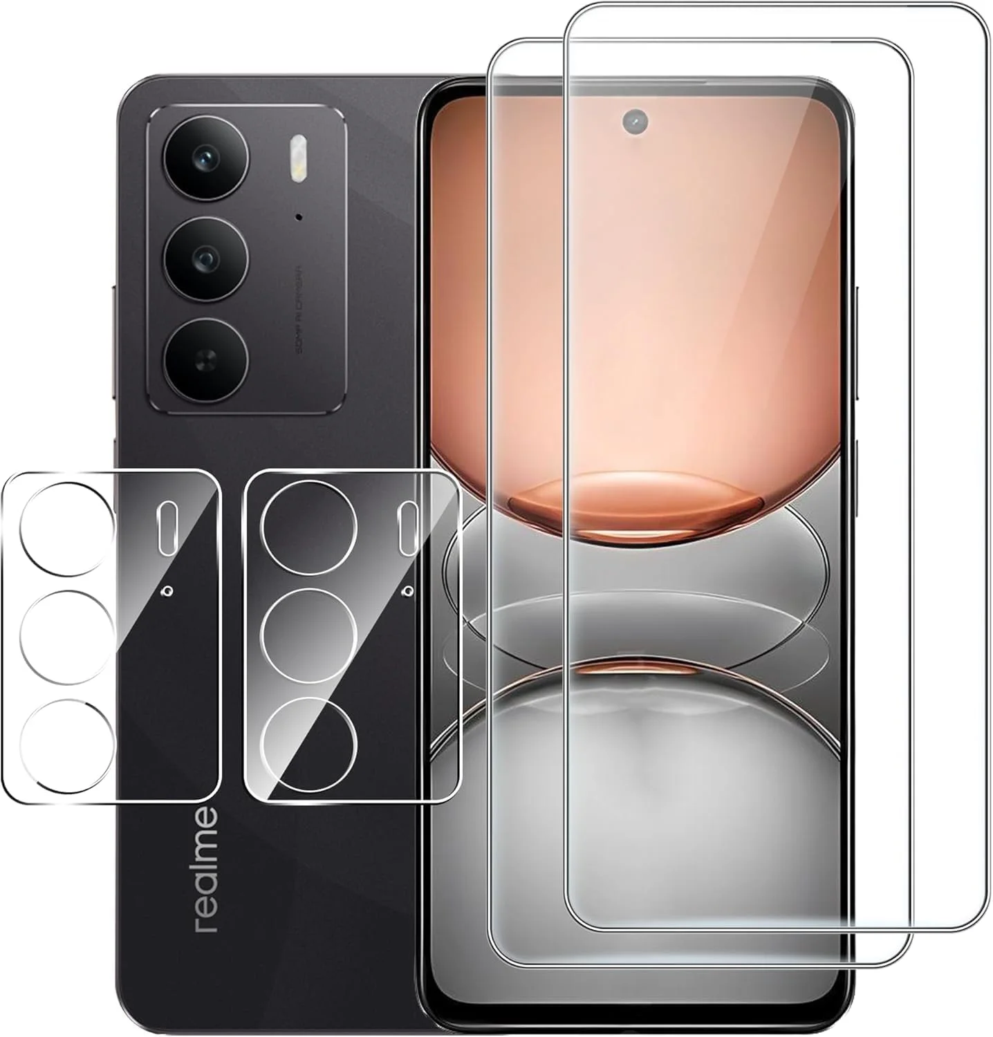 محافظ صفحه نمایش Gruattreay سازگار با Realme C75، [بسته 2+2] شیشه حرارت دیده با محافظ لنز دوربین، بدون حباب، شیشه حرارت دیده با سختی 9H، ضد خش