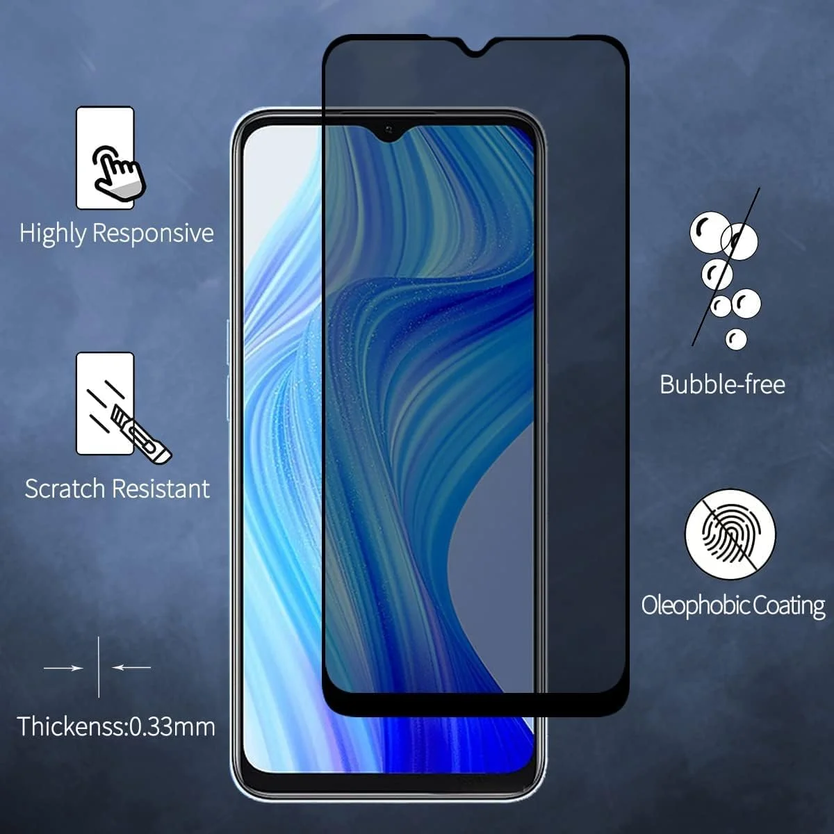 محافظ صفحه نمایش حریم خصوصی Fiokxie [بسته 2 عددی] برای Realme C33 2023 - محافظ صفحه نمایش تمام صفحه، فیلم شیشه ای سخت شده سه بعدی، سختی 9H ضد خش و پوشش کامل