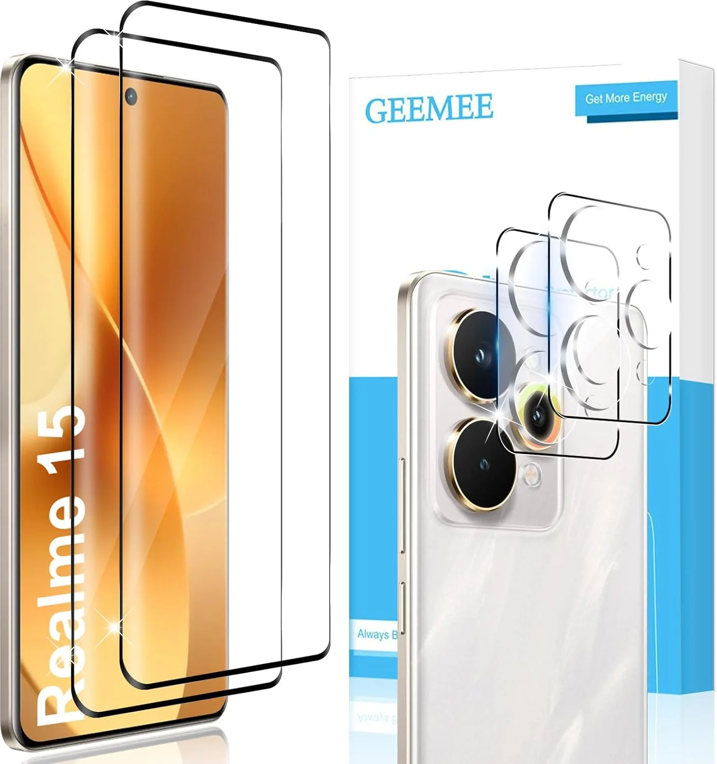 محافظ صفحه نمایش شیشه ای تمپرد GEEMEE برای Realme 15، بسته 2 عددی + 2 محافظ صفحه نمایش با محافظت از دوربین، شیشه محافظ تمپرد با سختی 9H، پوشش کامل، صفحه نمایش با حساسیت بالا