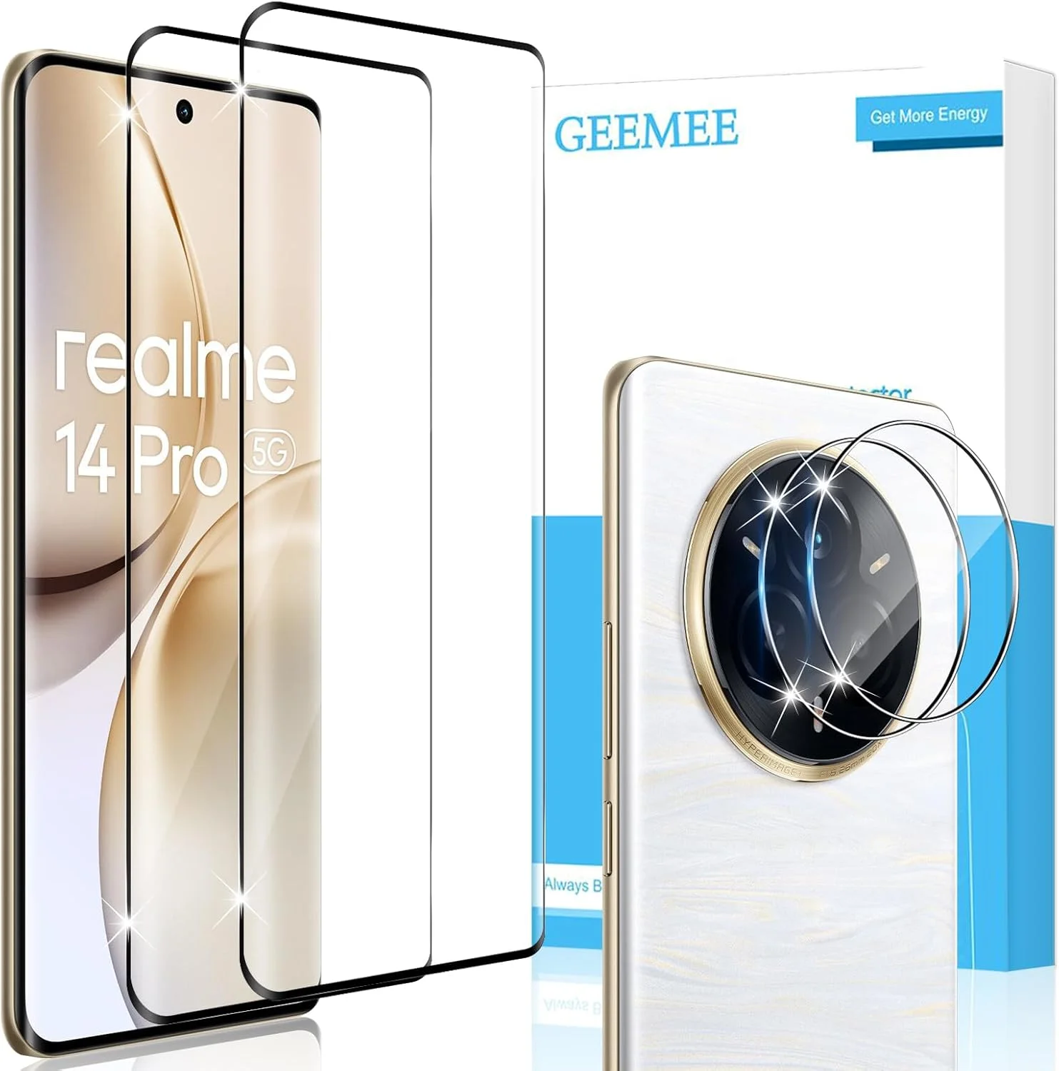 محافظ صفحه نمایش 2+2 تکه GEEMEE برای Realme 14 Pro 5G و محافظ لنز دوربین، شیشه حرارت دیده سخت با درجه سختی 9H، ضد خش