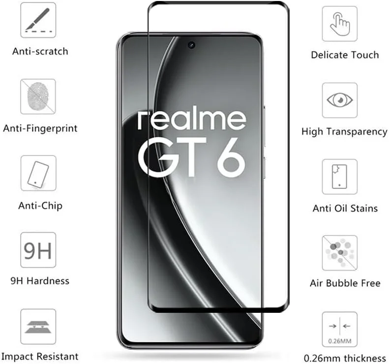 محافظ صفحه نمایش شیشه ای حرارت دیده 9H گروتری [2 عددی] سازگار با اوپو Realme GT 6 (2024)، وضوح بالا، ضد خش، بدون حباب، فیلم محافظ صفحه نمایش HD برای Realme GT 6