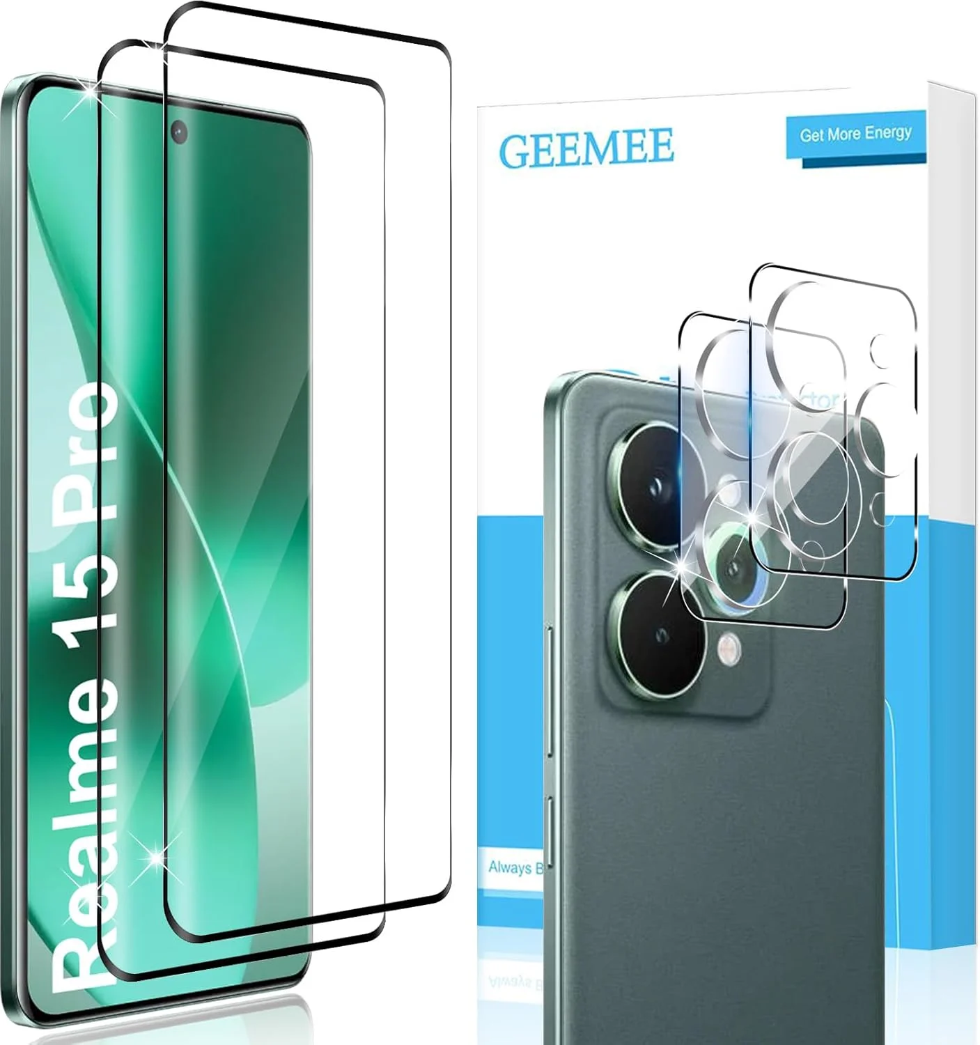 محافظ صفحه نمایش شیشه ای حرارت دیده GEEMEE برای Realme 15 Pro، بسته 2 عددی محافظ صفحه نمایش به همراه 2 محافظ دوربین، شیشه محافظ حرارت دیده با سختی 9H، پوشش کامل، محافظ صفحه نمایش با حساسیت بالا