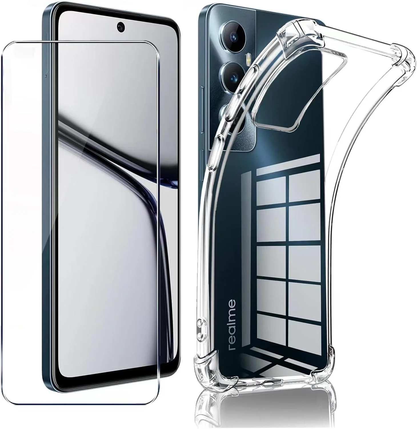 کاور LYJERRY Realme C65 و کاور پنجره شیشه ای Realme C65، قاب ضد ضربه به همراه محافظ شیشه ای تمپرد Realme C65، فیلم محافظ، شفاف