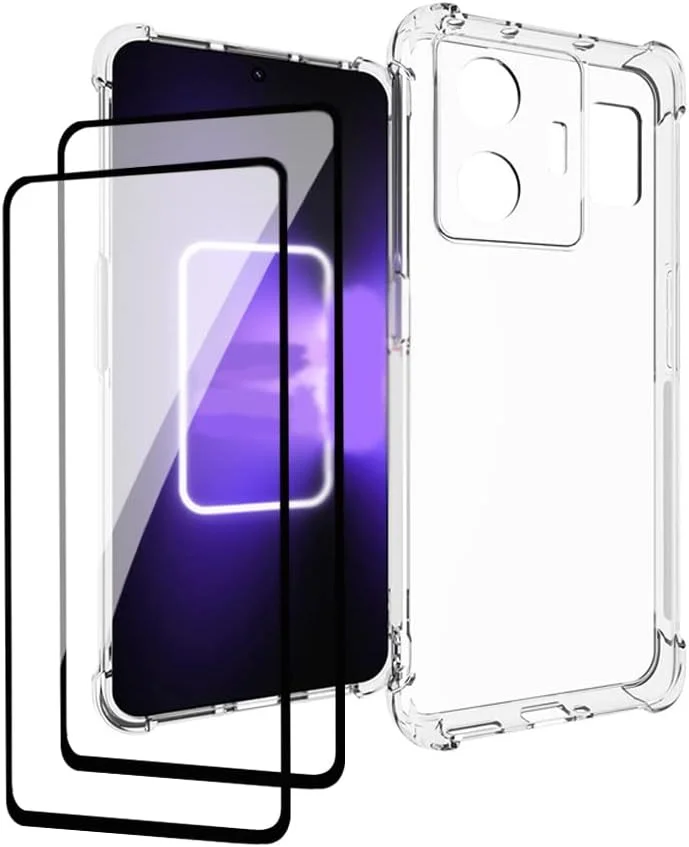 کیف شفاف QINOUK برای Realme GT3، [محافظت از ایربگ] فوق العاده نازک HD شفاف، کیف TPU نرم با [2 عدد] محافظ صفحه نمایش شیشه ای تمپرد برای Realme GT3