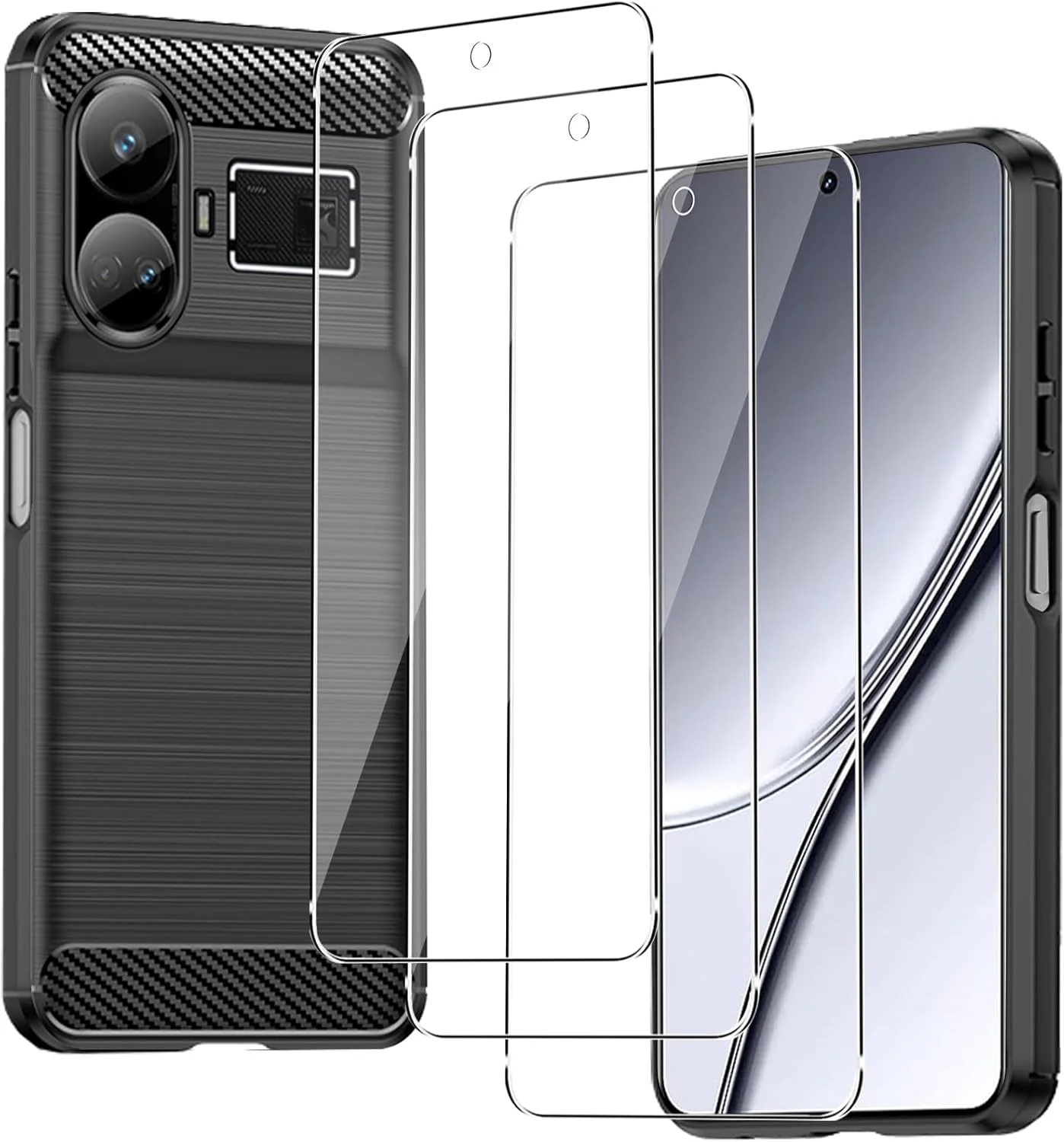 قاب گوشی CONAPIKA برای Realme GT5 به همراه 3 عدد محافظ صفحه نمایش شیشه ای حرارت دیده، سیلیکونی TPU نرم ضد افتادن، ضد خش، ضد ضربه، کربنی مات سبک، ضد اثر انگشت، مشکی