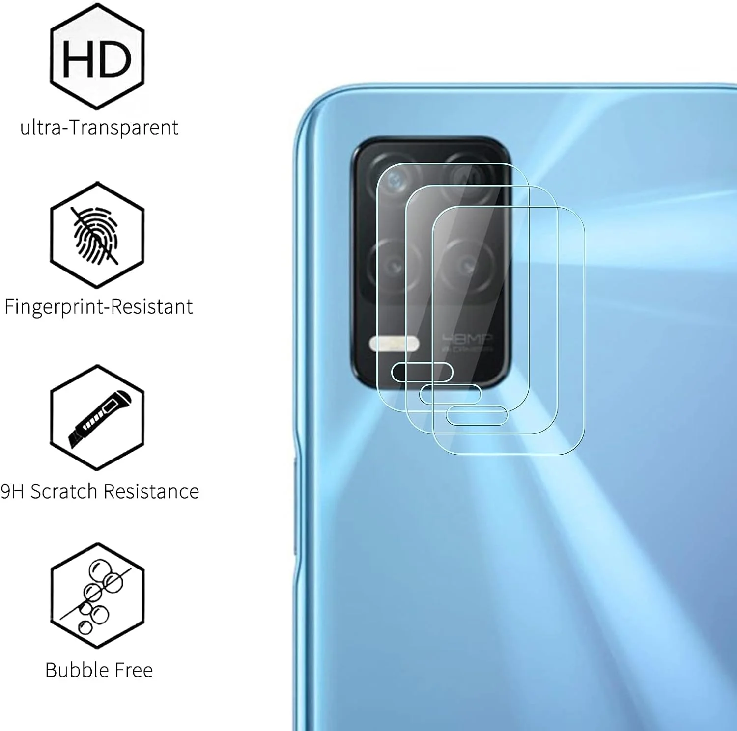 محافظ لنز دوربین AYSOW برای REALME V13 5G، فیلم لنز شیشه ای سخت شده HD ضد اثر انگشت/ضد خش، بدون حباب، نصب آسان، سختی 9H، محافظ دوربین برای REALME V13 5G [بسته 3 عددی]