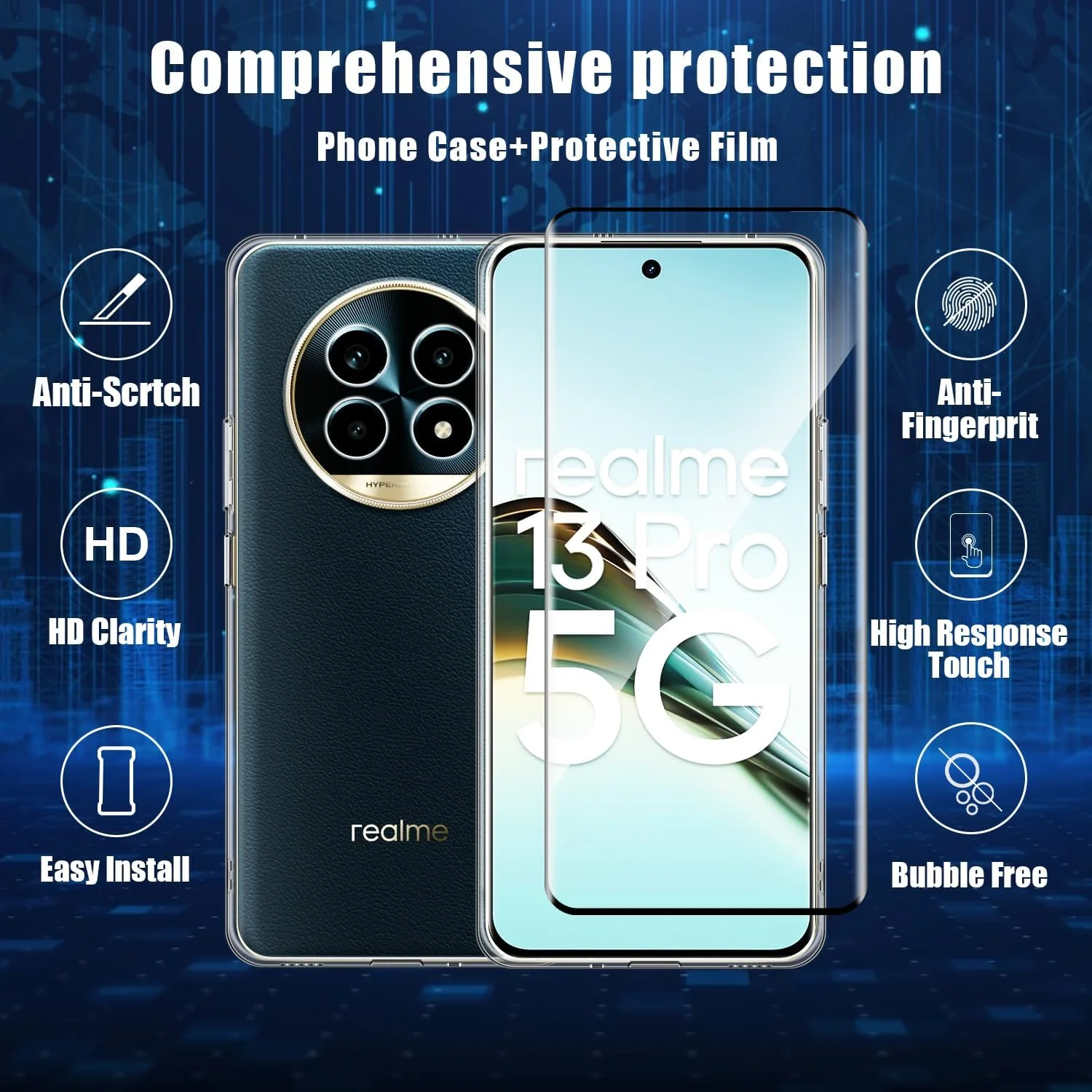 قاب هولیلو + یک عدد محافظ صفحه نمایش برای Realme 13 Pro 5G/13 Pro Plus 5G، شیشه حرارت دیده با سختی 9H HD، کاور موبایل نازک و نرم ژله ای مقاوم در برابر خراش