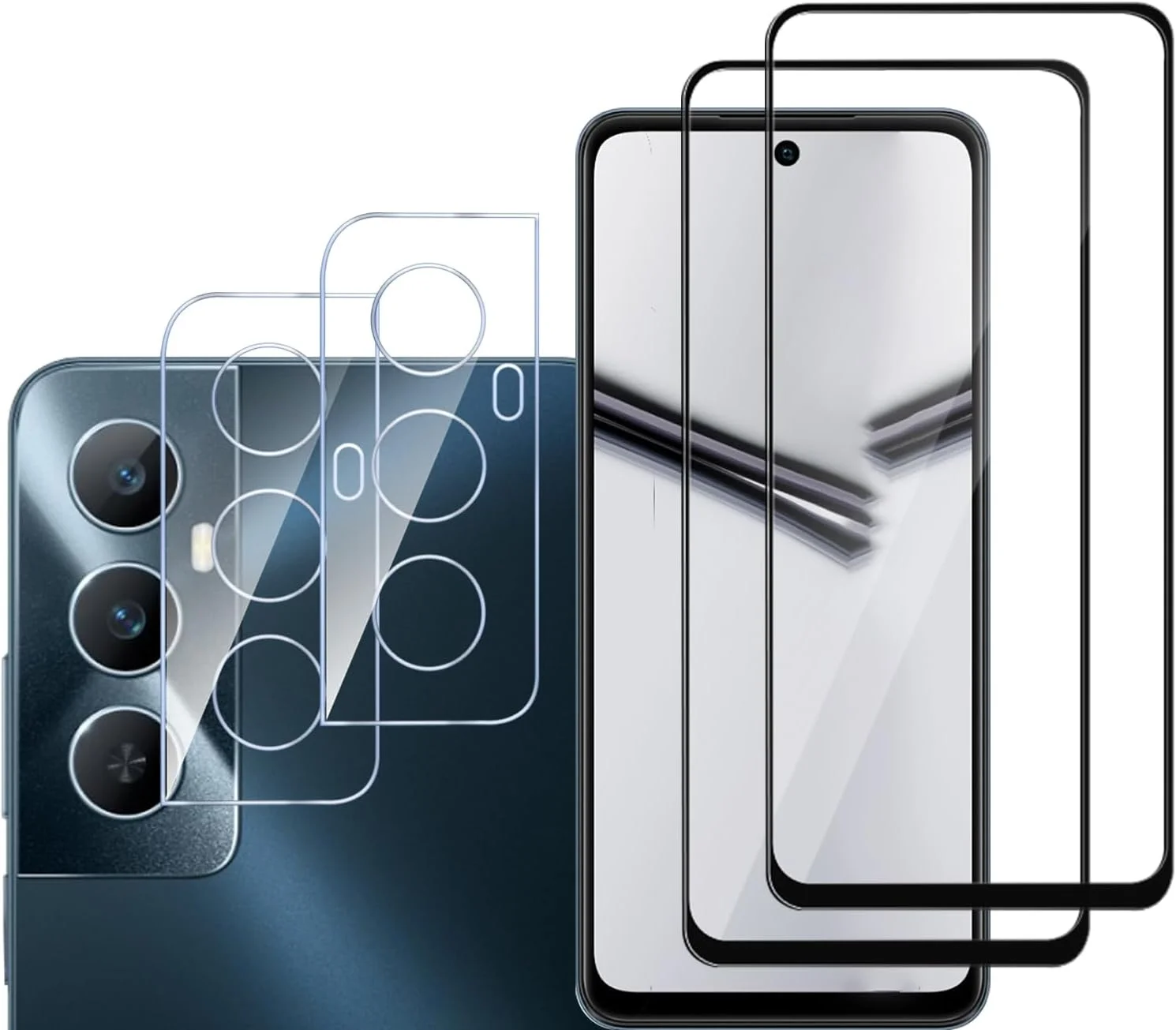 GMUJIAO بسته 2+2 سازگار با Realme C65، محافظ صفحه نمایش شیشه ای و محافظ لنز دوربین، محافظ آستین شیشه ای [بدون حباب] [شفافیت HD] - مشکی