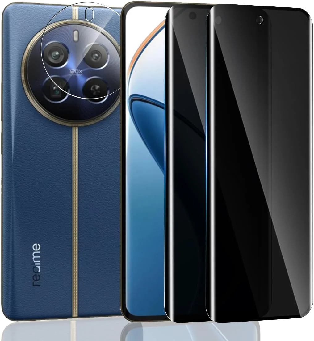 محافظ صفحه نمایش Yonntmmi برای Realme 12 Pro، محافظ صفحه حریم خصوصی شیشه ای، بسته 2 عددی محافظ شیشه ای ضد جاسوسی با 1 شیشه محافظ دوربین، ضد جاسوسی، منحنی سه بعدی، مقاوم در برابر خراش