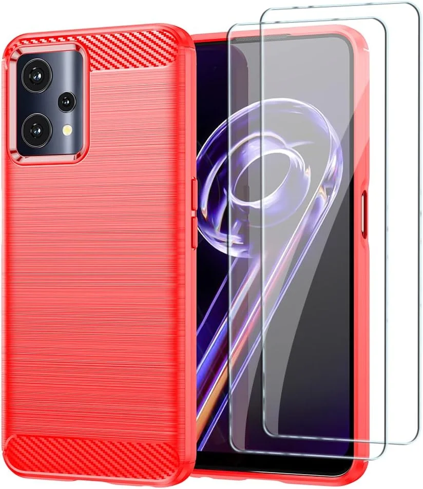 قاب محافظ گوشی QINOUK برای Realme C35، طراحی بافت برس خورده [ضد ضربه] [ضد اثر انگشت]، قاب ساخته شده از مواد TPU انعطاف پذیر به همراه محافظ صفحه نمایش شیشه ای حرارت دیده [2 عددی] سازگار با Realme C35 - قرمز