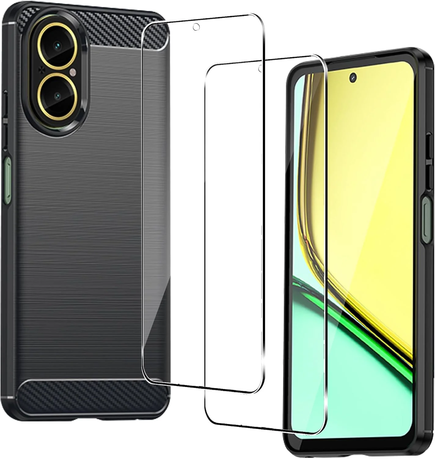 کاور کاناپیکا برای گوشی ریلمی C67 4G به همراه 2 عدد محافظ صفحه نمایش شیشه ای، کاور فوق العاده نازک [طرح فیبر کربن] [ضد ضربه] کاور محافظ سبک وزن گوشی موبایل