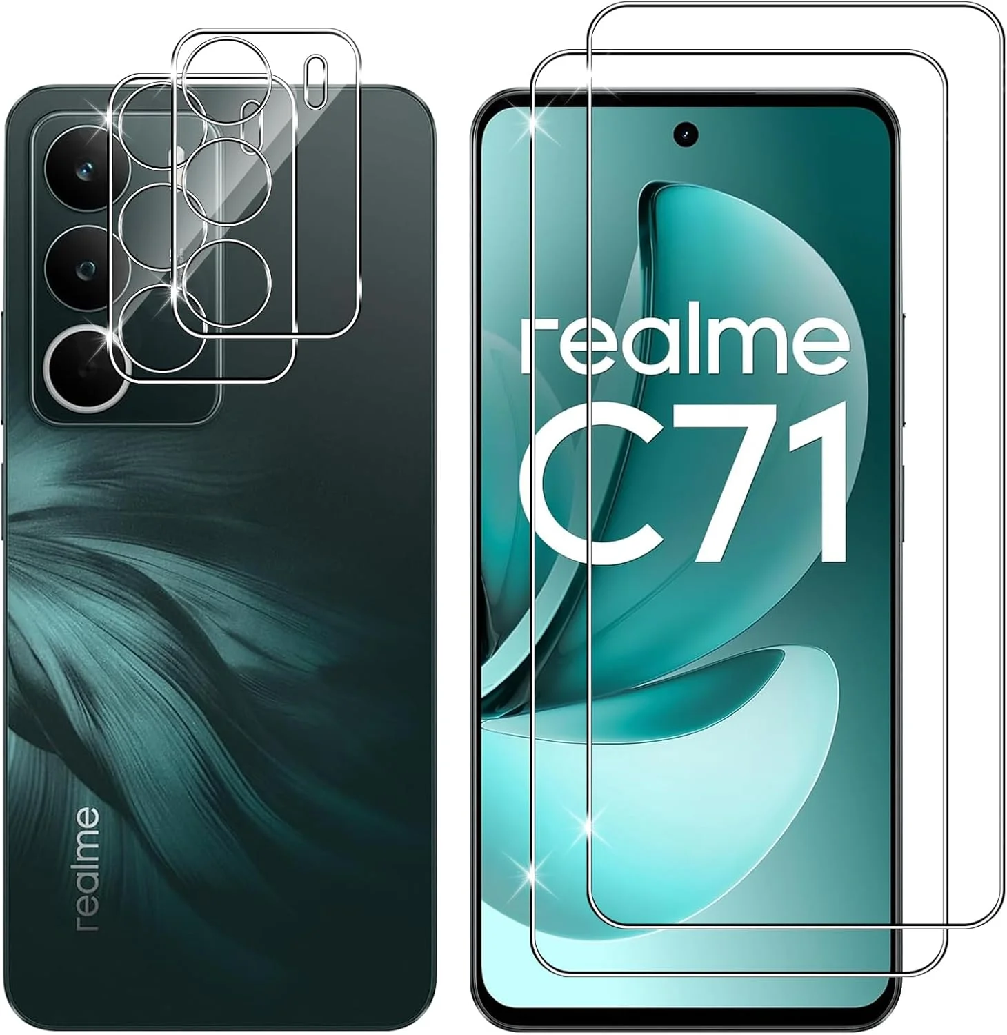 محافظ صفحه نمایش شیشه ای Gruattreay سازگار با Realme C71 4G، [بسته 2+2] محافظ صفحه و محافظ لنز دوربین، سختی 9H، فیلم محافظ شیشه ای ضد خش HD