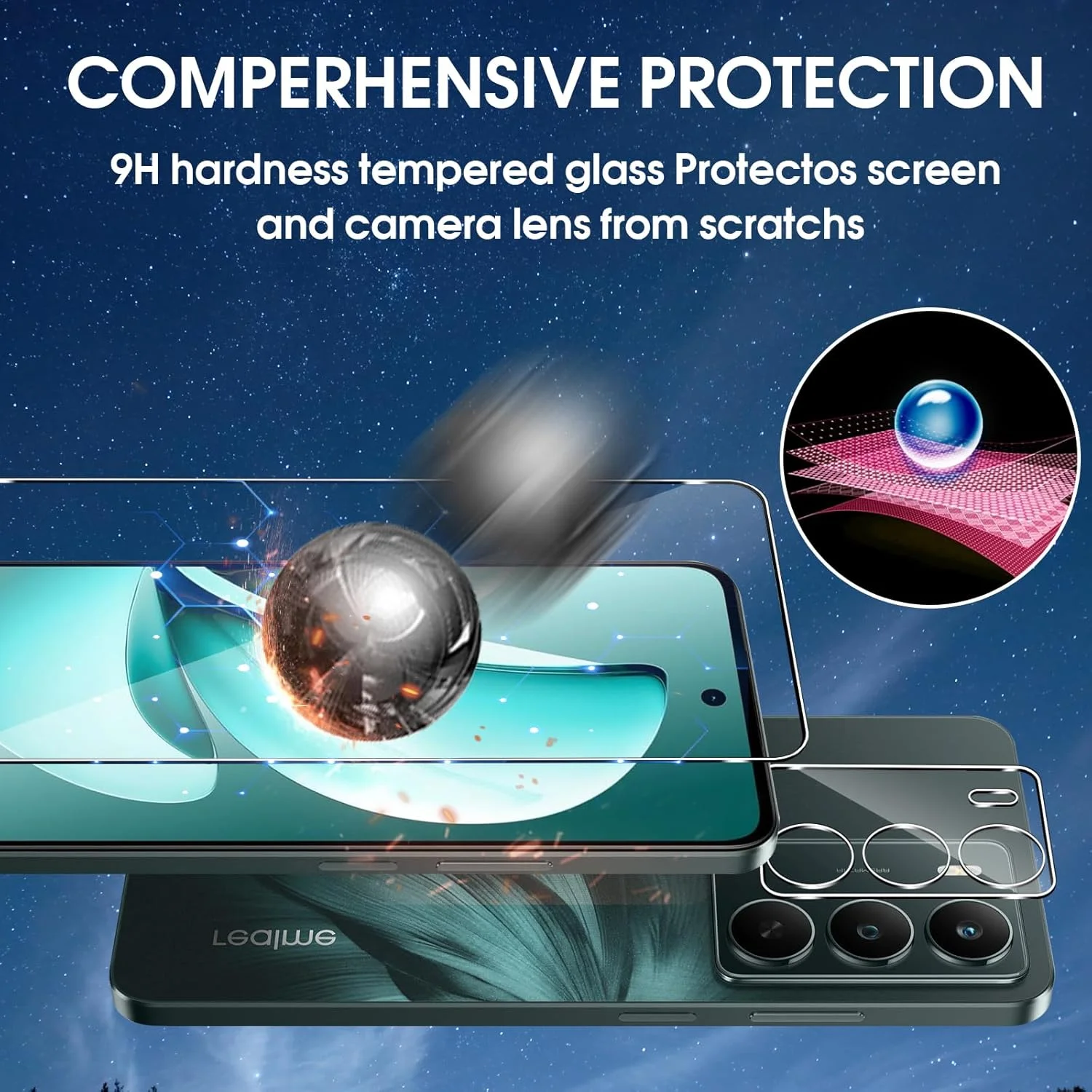 محافظ صفحه نمایش شیشه ای Gruattreay سازگار با Realme C71 4G، [بسته 2+2] محافظ صفحه و محافظ لنز دوربین، سختی 9H، فیلم محافظ شیشه ای ضد خش HD