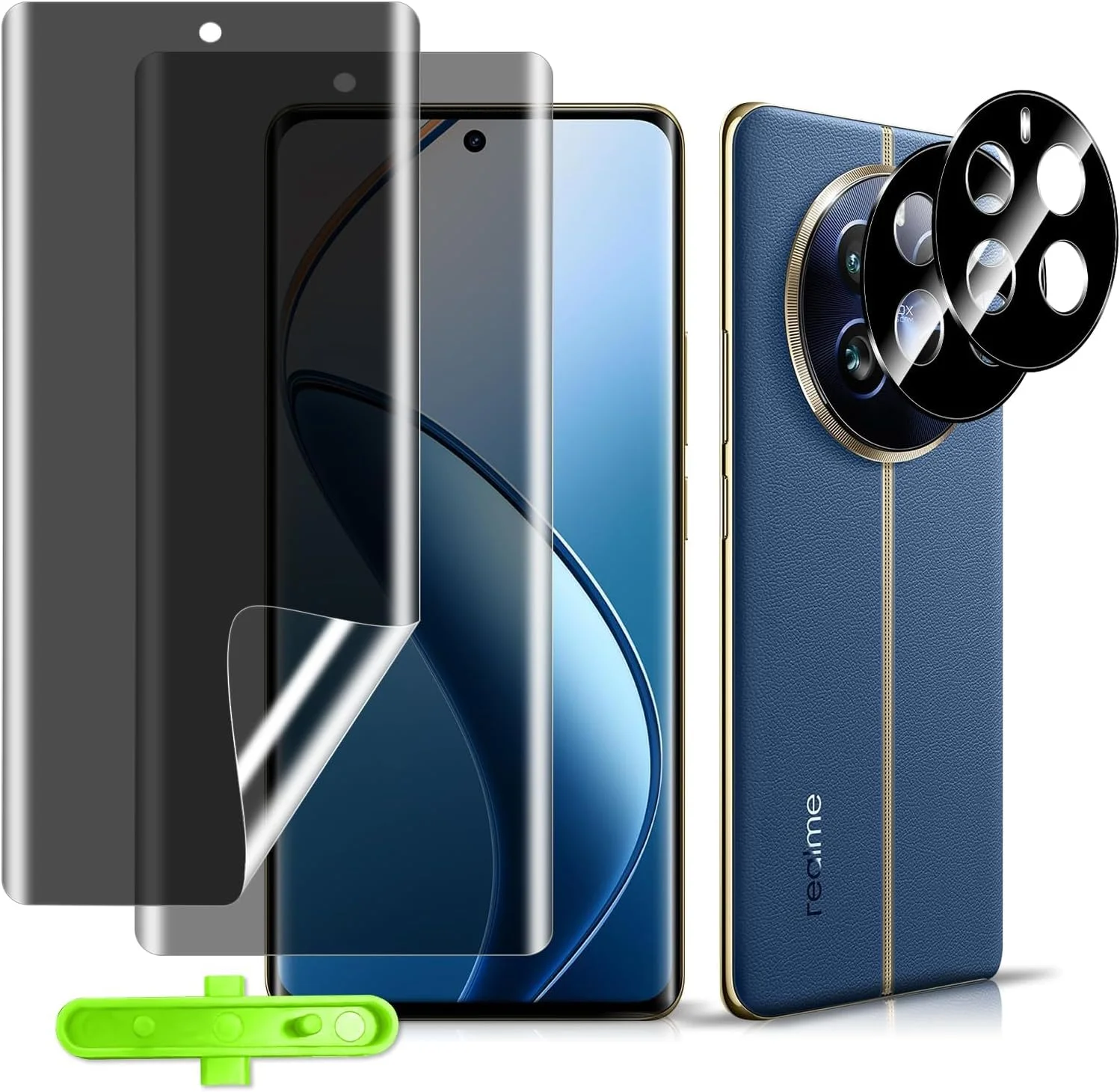 محافظ صفحه نمایش حریم خصوصی MokaZii برای Realme 12 Pro Plus، [2+2 عدد] محافظ صفحه نمایش حریم خصوصی و محافظ دوربین فیلم شیشه ای تمپر شده، محافظ صفحه نمایش حریم خصوصی فیلم TPU انعطاف پذیر برای Realme 12 Pro