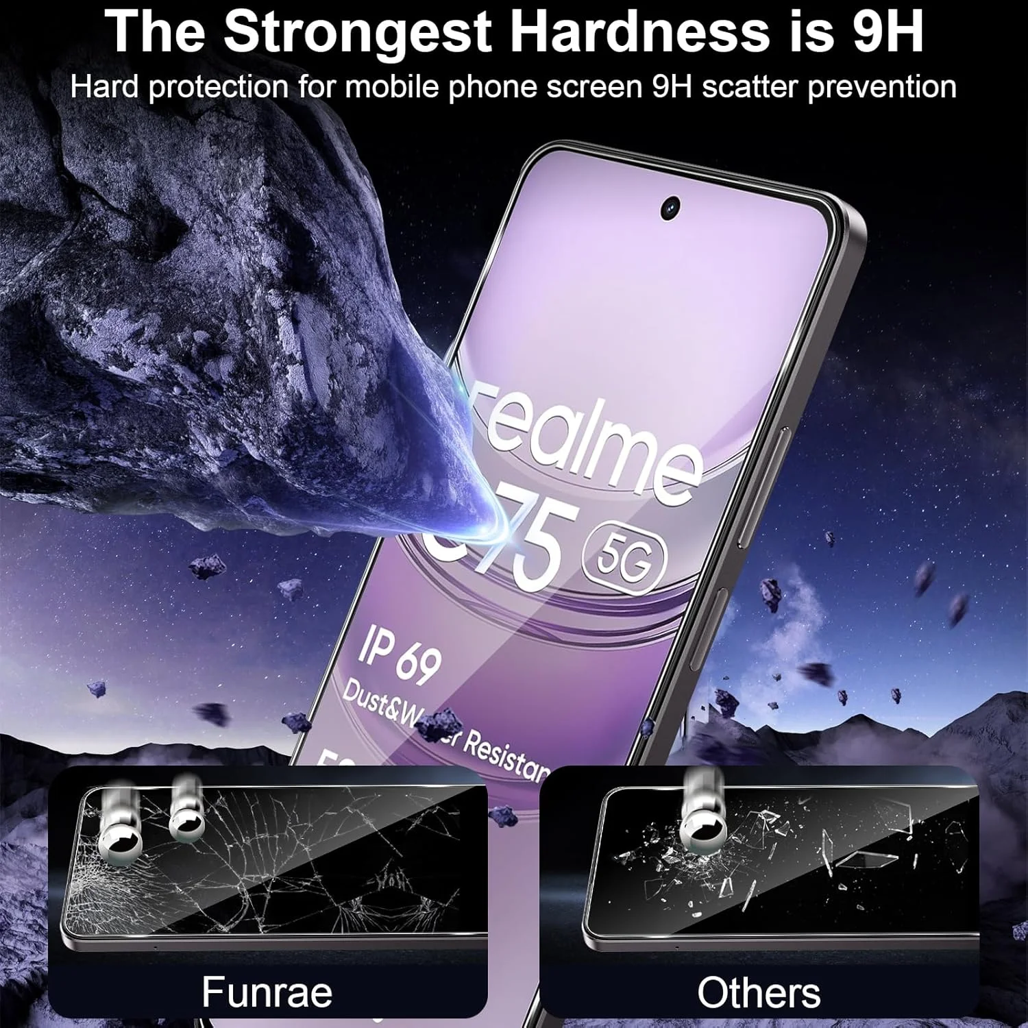 محافظ صفحه نمایش Funrae برای Realme C75 5G، 2 عدد محافظ صفحه نمایش و 2 عدد محافظ دوربین، شیشه محافظ فوق العاده شفاف بدون حباب با سختی 9H، فیلم ضد خش دوربین