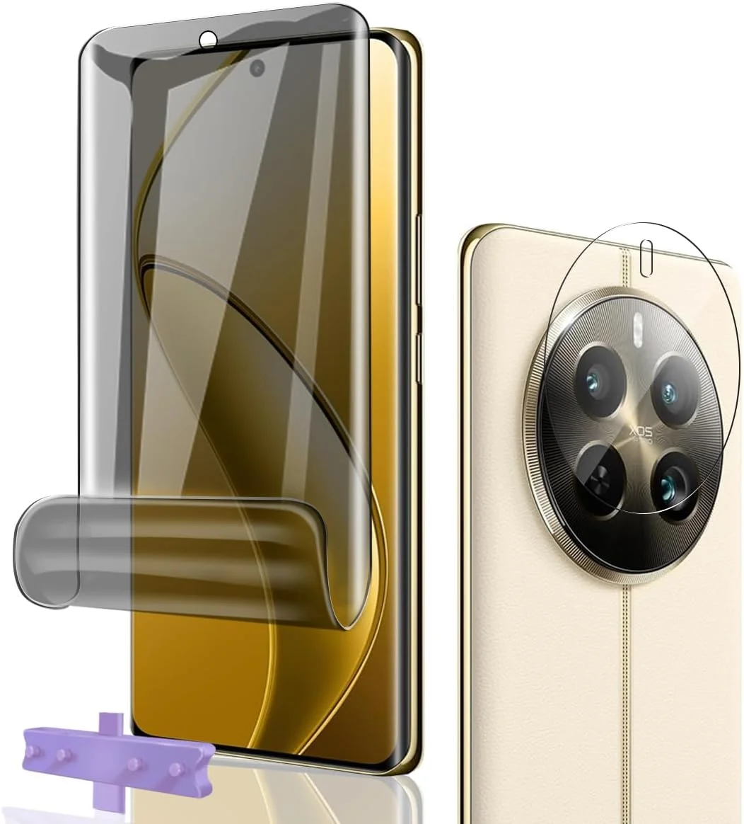 محافظ صفحه نمایش حریم خصوصی Phlleyaa برای Realme 12 Pro، فیلم TPU انعطاف پذیر 1 عدد + محافظ دوربین پشتی 1 عدد، نصب آسان بدون حباب برای شیشه حرارت دیده Realme 12 Pro